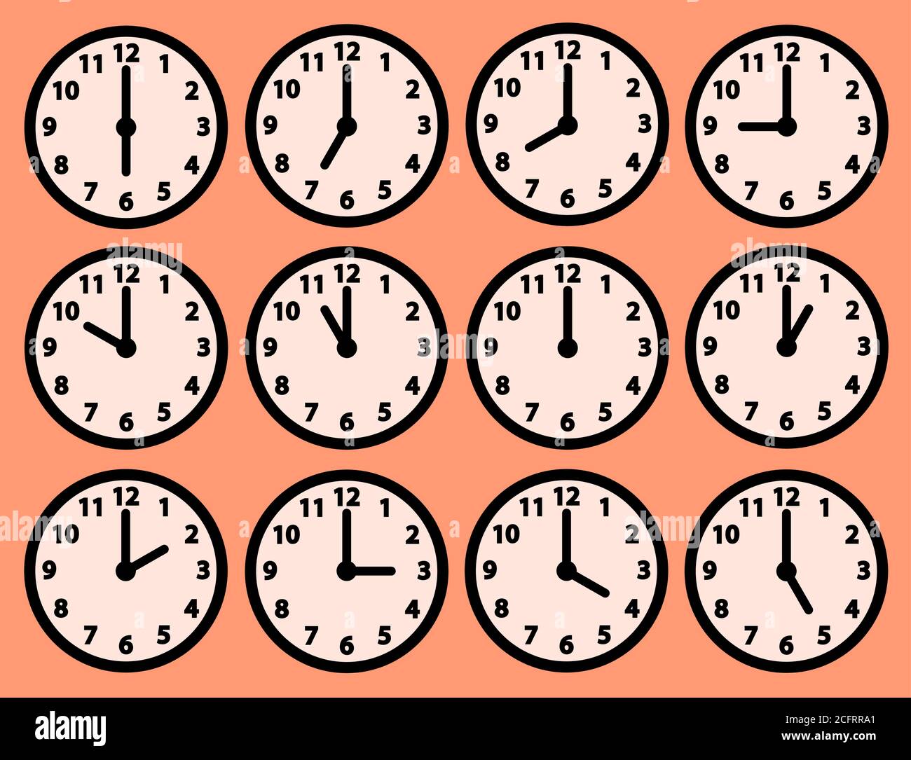 Les icônes d'horloge sont réglées avec une heure différente. Cadran rond avec les mains et les chiffres des heures et des minutes. Illustrations vectorielles isolées. Illustration de Vecteur