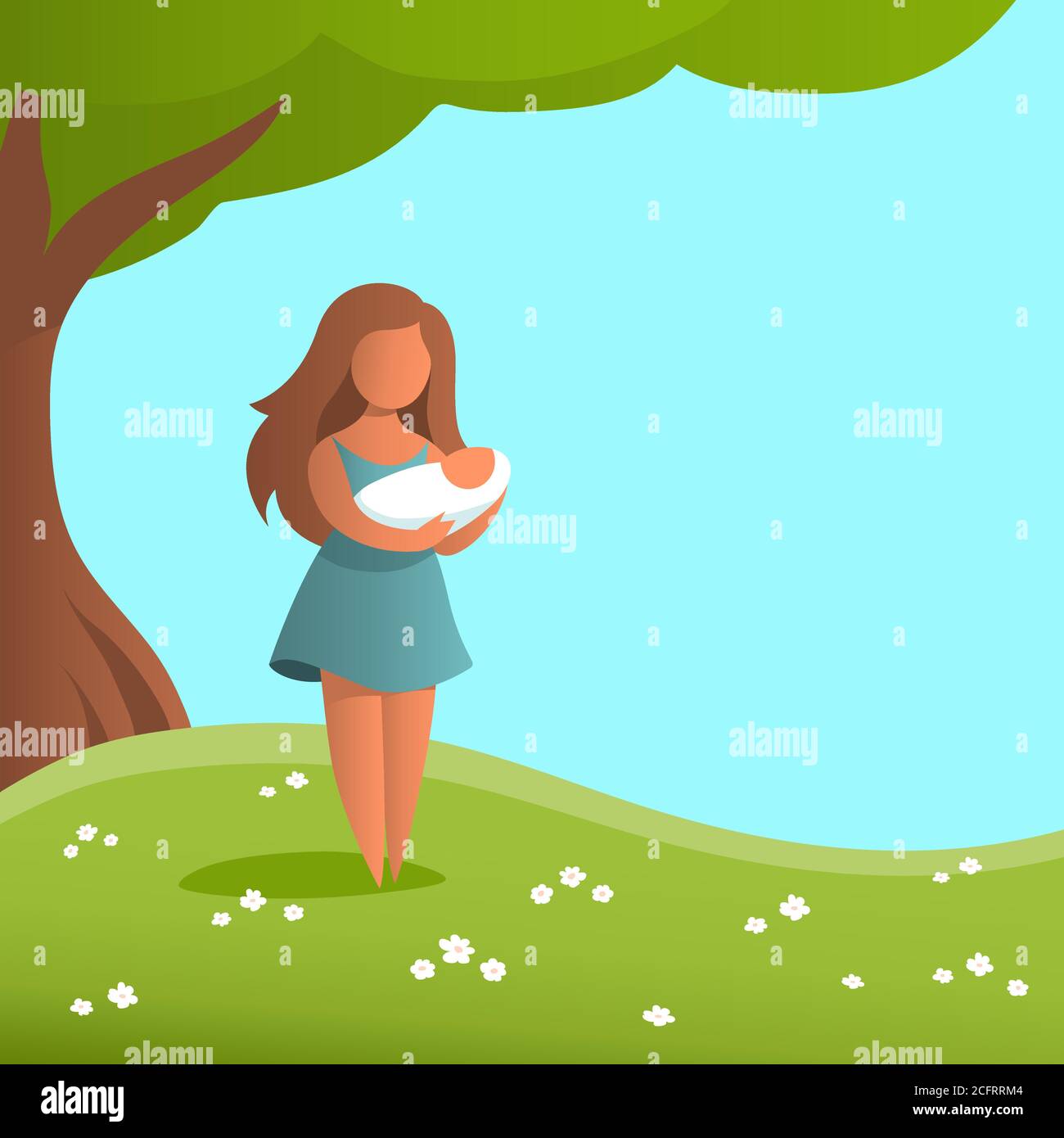 Jeune mère avec un bébé dans ses bras. Une femme est debout sous un arbre sur l'herbe verte. Place pour votre texte. Illustration de dessin animé vectoriel sur l'amour Illustration de Vecteur
