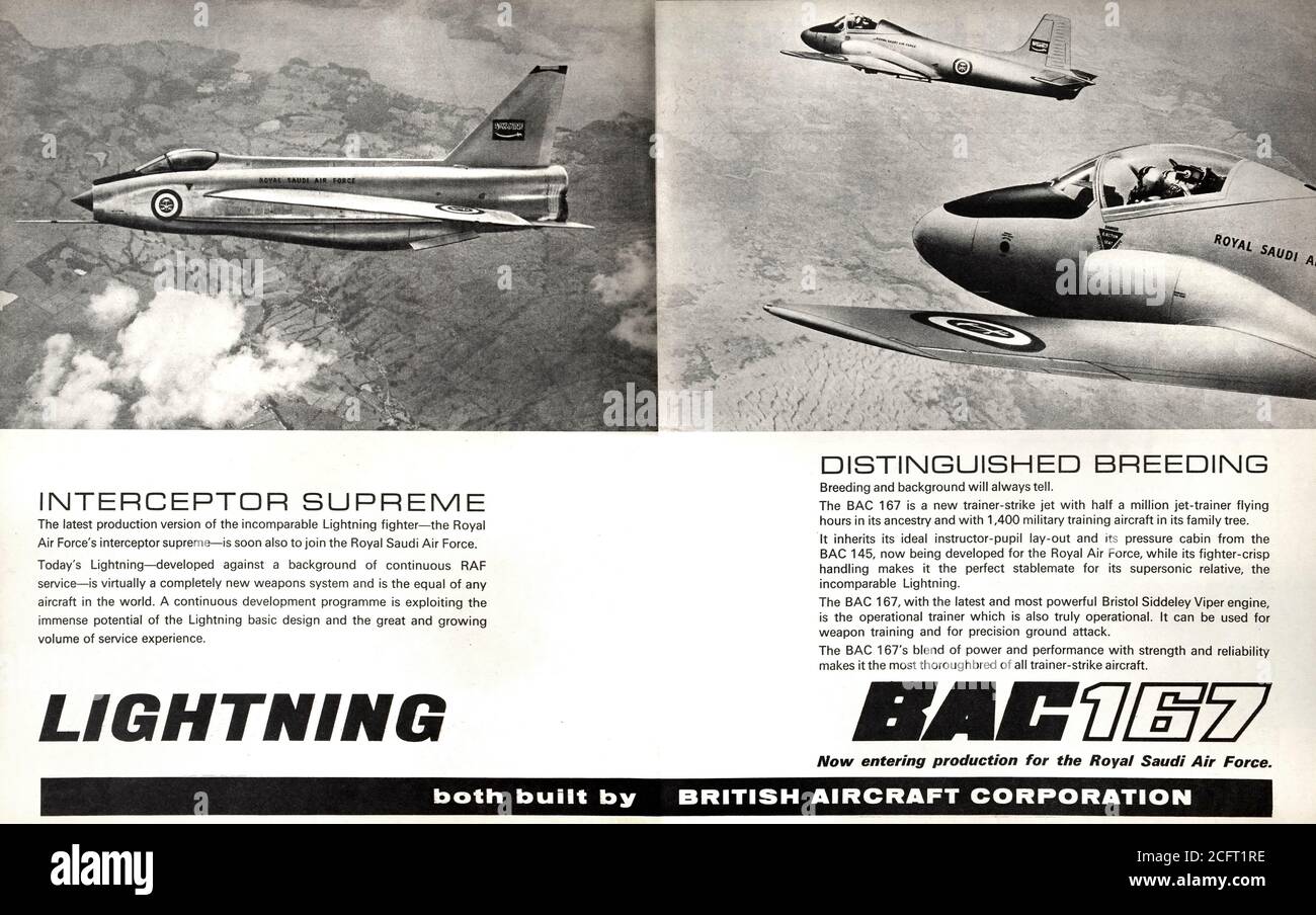 Publicité vintage pour la British Aircraft Corporation avec l'intercepteur supersonique Lightning et l'entraîneur Jet Provost. Banque D'Images