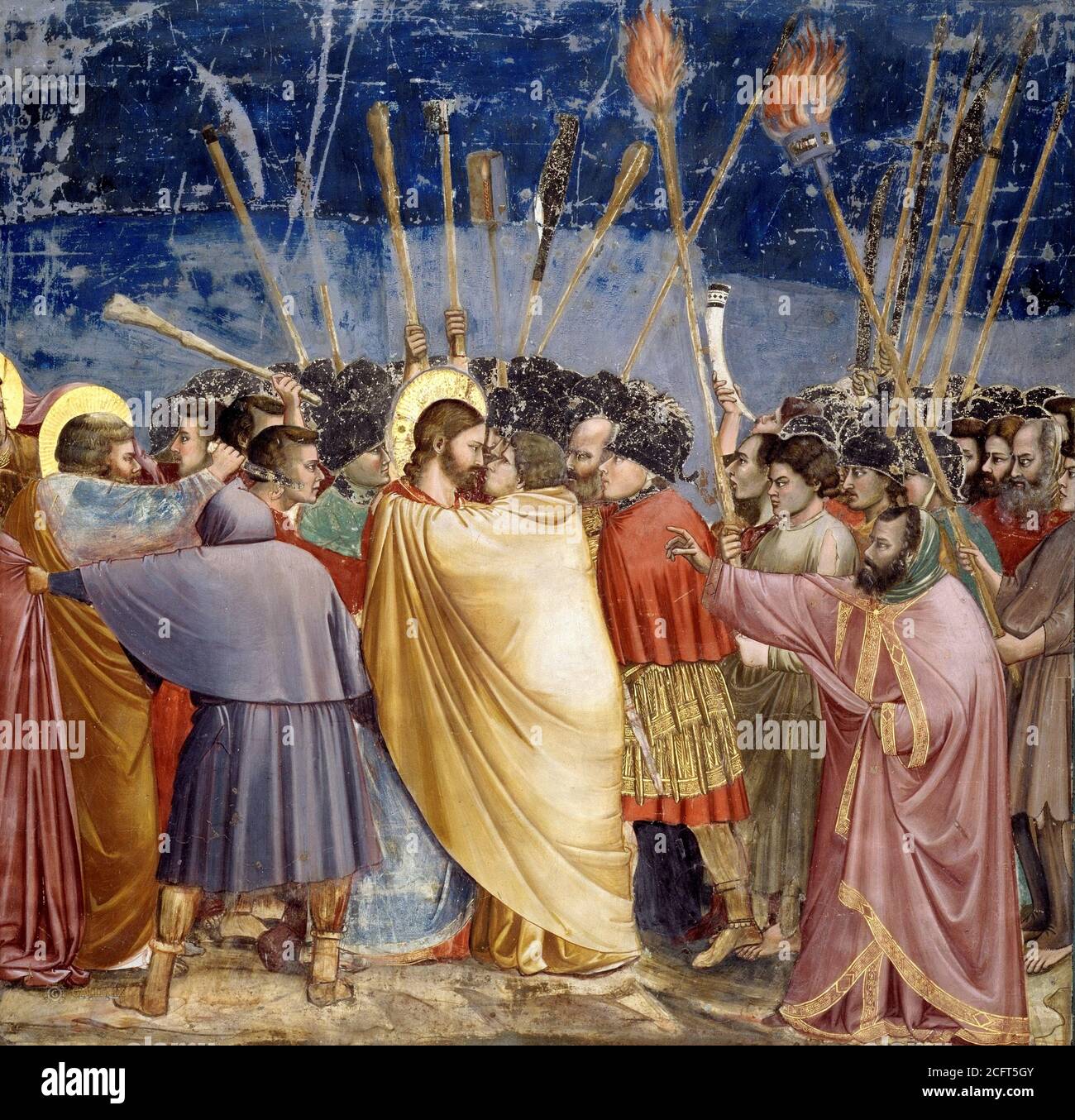 Giotto, Chapelle Scrovegni. Baiser de Judas, l'un des panneaux de la chapelle Scrovegni de Padoue, par Giotto di Bondone(v.1266-1337), fresque, v.1304-1306 Banque D'Images