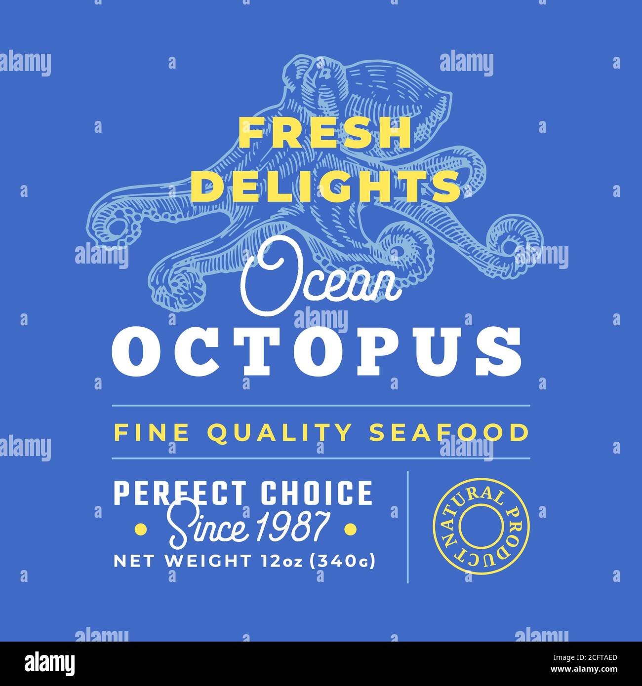 Étiquette de qualité supérieure « Fresh Seafood Delights ». Résumé