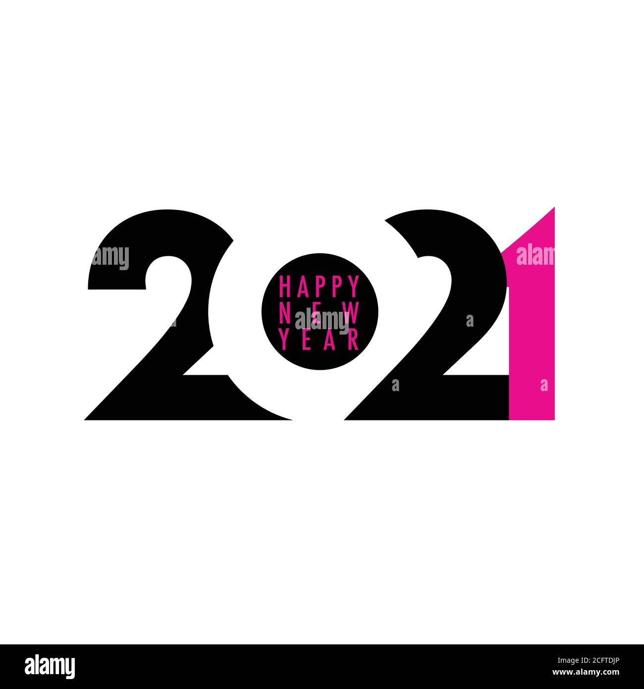 Bonne année 2021. Design simple noir et rose vif sur fond blanc. Effet d'espace négatif. Illustration de Vecteur