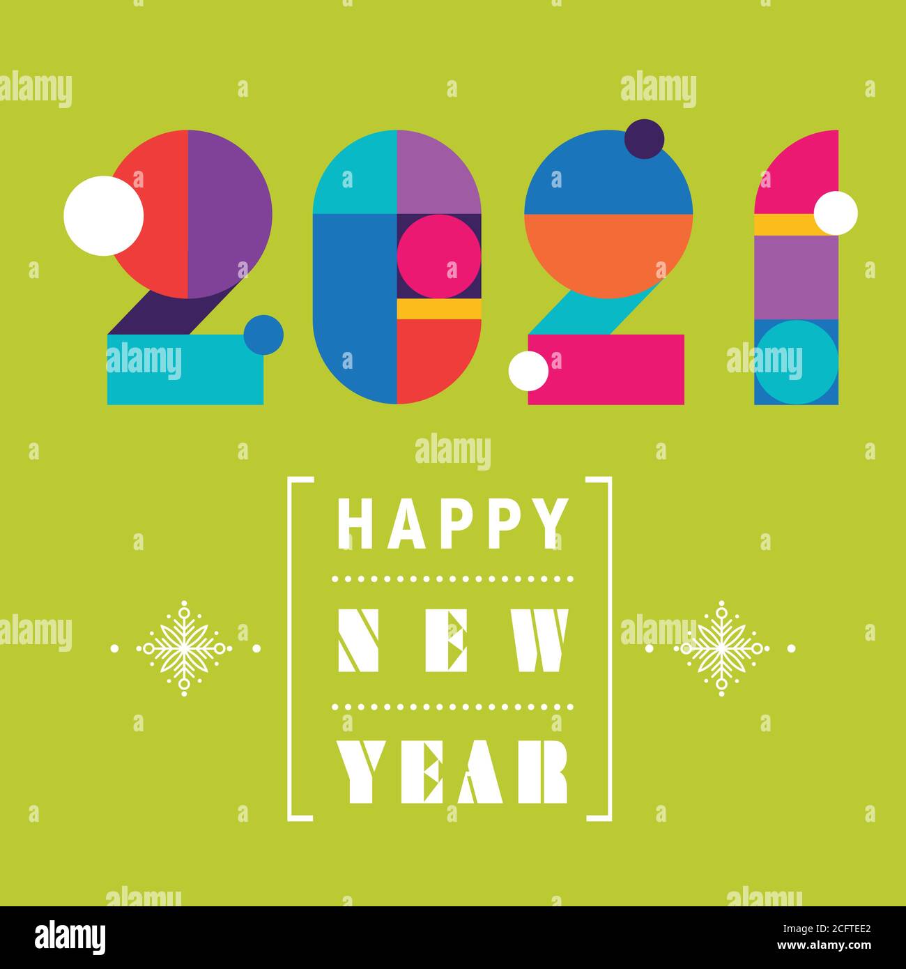 Vœux du nouvel an 2021. Très coloré, ludique, design contemporain sur fond vert vif. Illustration de Vecteur
