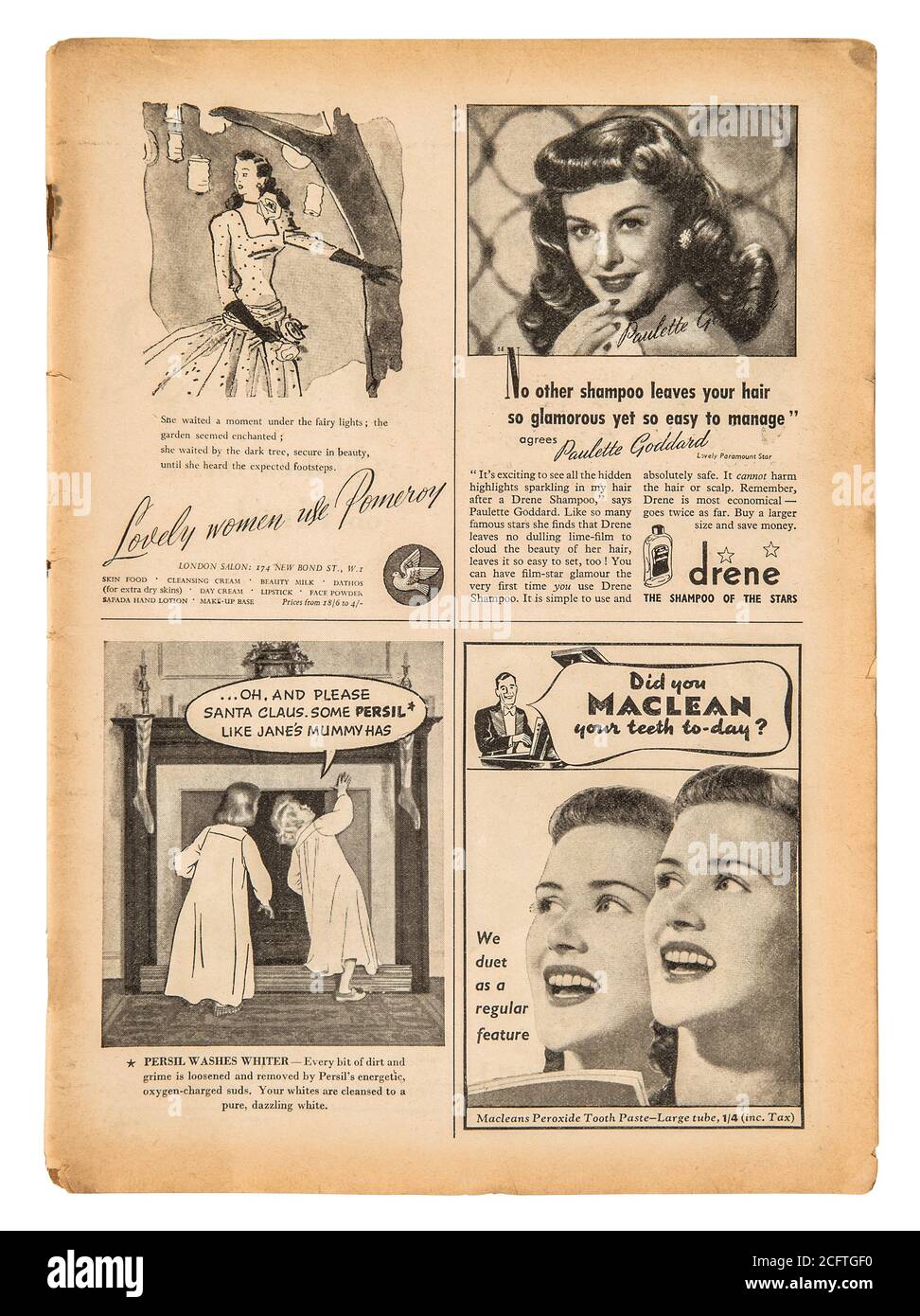 Page de journal avec texte anglais et images publicitaires vintage. Ancien magazine britannique de 1947 Banque D'Images