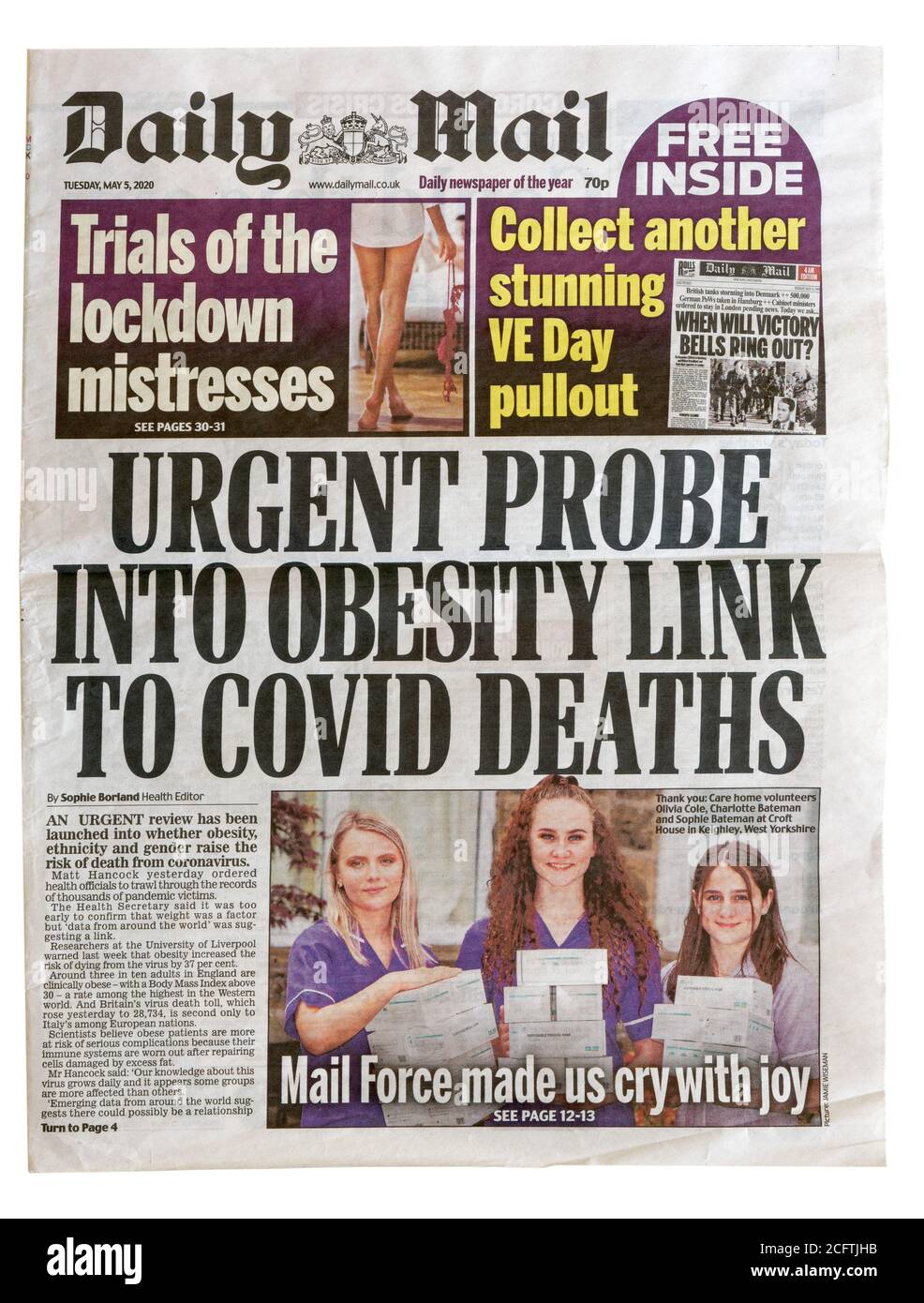 La première page du Daily Mail de mai 2020 Avec le titre urgent Probe dans Obesity lien vers Covid Décès Banque D'Images