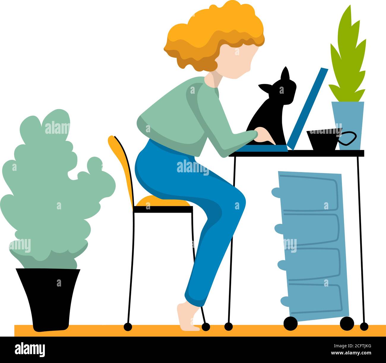 Fille de cheveux rouges travaillant à la maison, avec carnet, chat et pot de fleurs. Illustration vectorielle de concept « travail à domicile » sur fond blanc. Travailleur indépendant. S Illustration de Vecteur