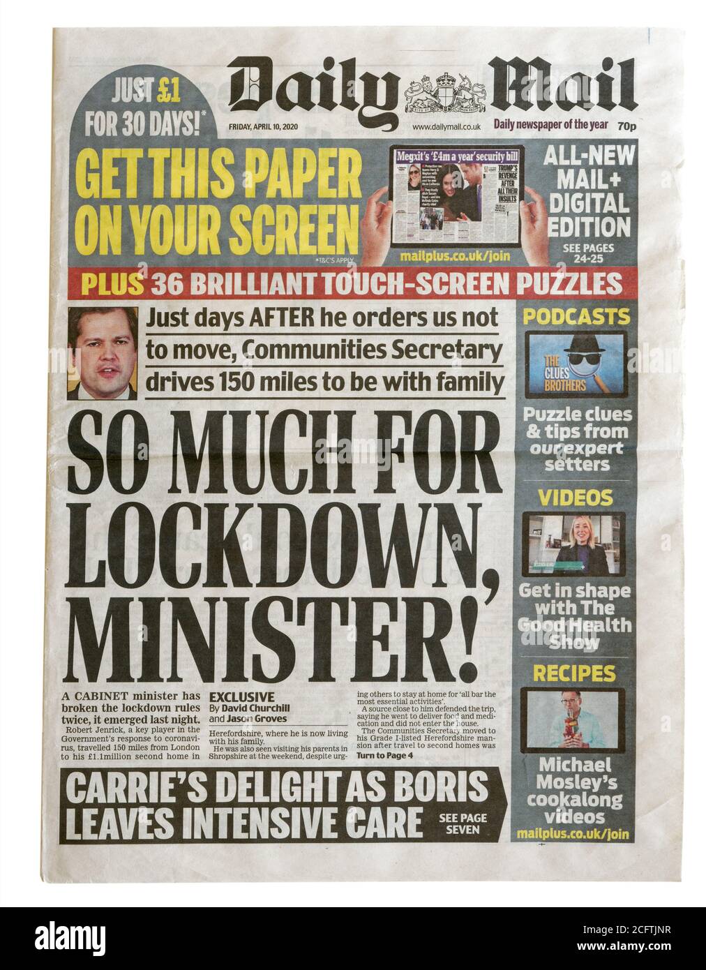 La première page du Daily Mail d'avril 2020 Avec le titre tellement pour le ministre Lockdown Banque D'Images