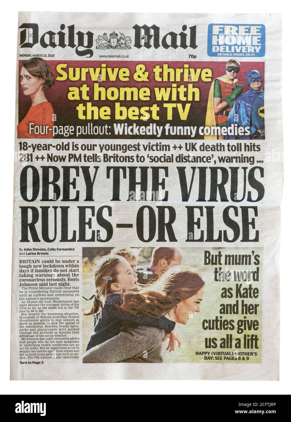 La première page du Daily Mail de mars 2020 Avec le headlineObey les règles de virus ou autrement Banque D'Images