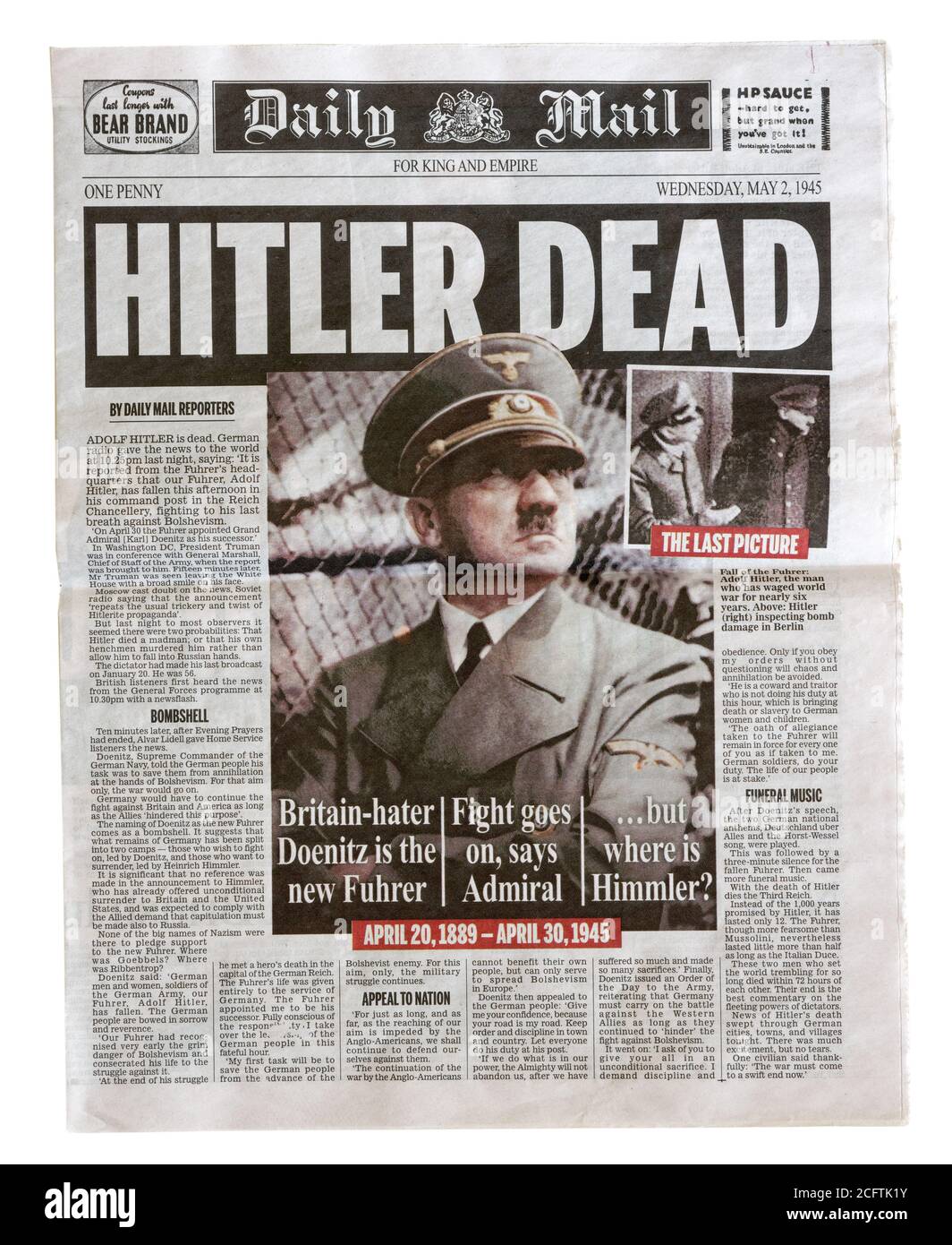 La première page du Daily Mail le 2 mai 1945 Avec le titre Hitler Dead Photo Stock - Alamy