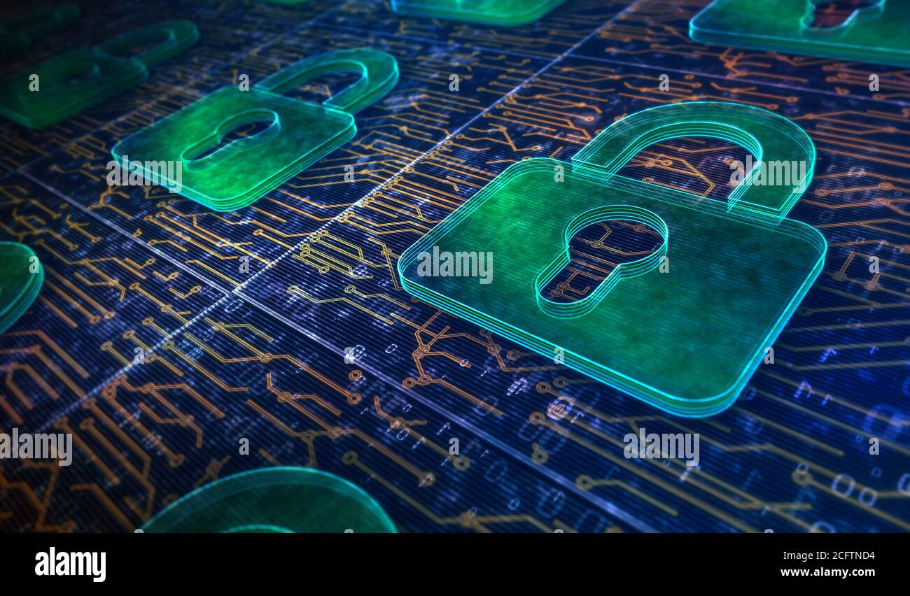 Cyber-sécurité, protection informatique, technologie de sécurité numérique avec symboles métalliques pour cadenas. Illustration du rendu 3d du concept abstrait. Banque D'Images