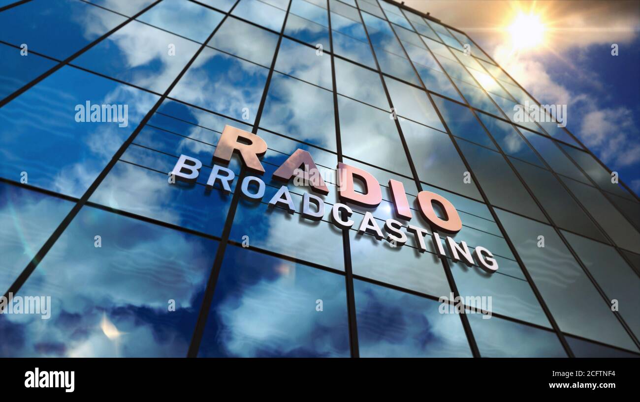 Affiche radiodiffusée sur un bâtiment en verre. Station de radiodiffusion, sur l'air, les médias 