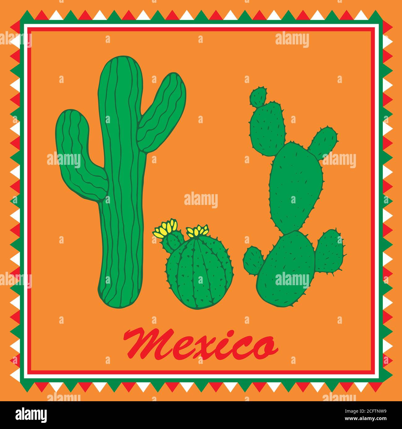 Trois cactus verts sur fond orange. Isolé coloré sty Illustration de Vecteur