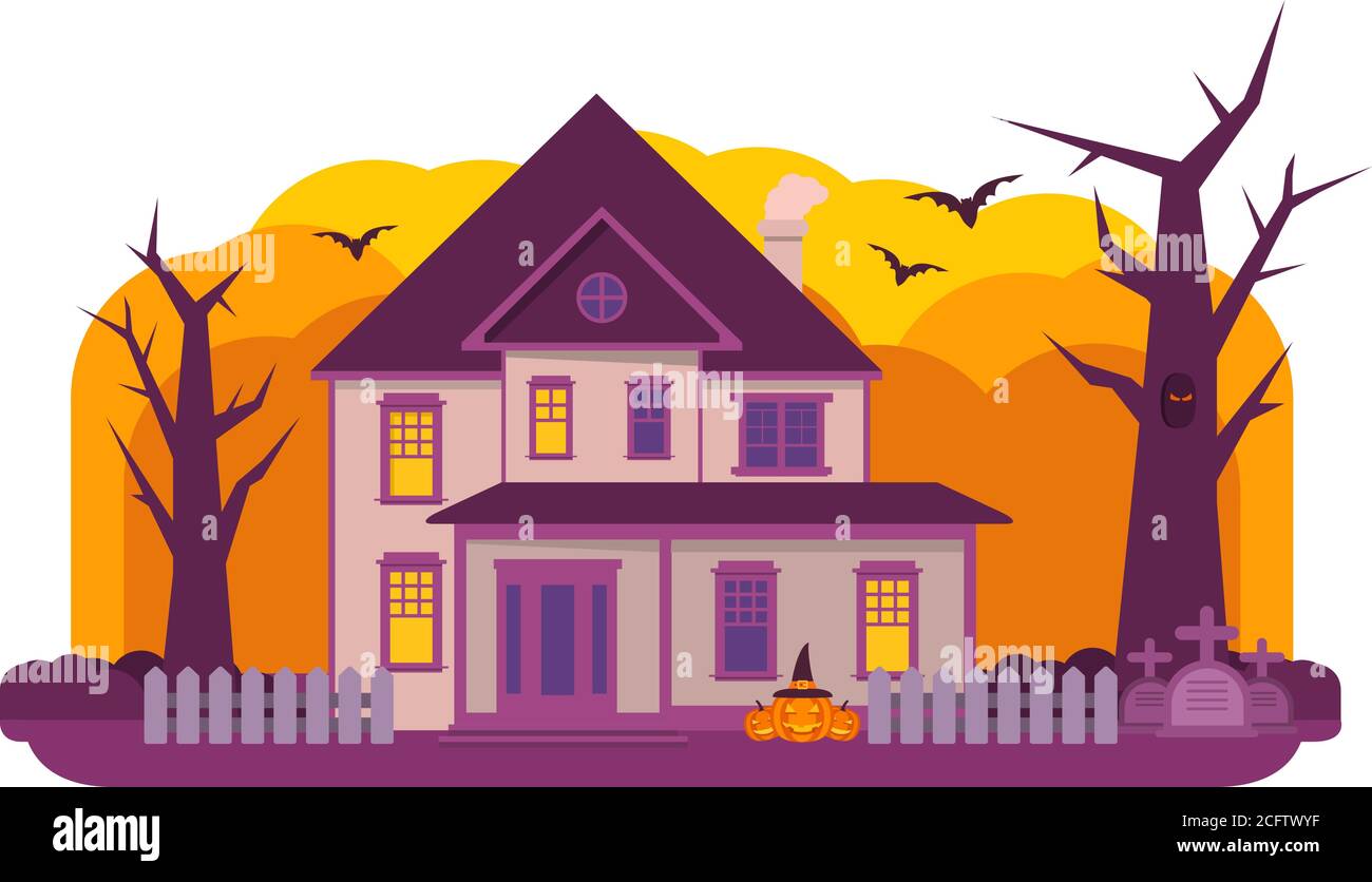 Halloween hanté maison.Old cimetière gravestone.Autumn bannière de vacances. Illustration de Vecteur