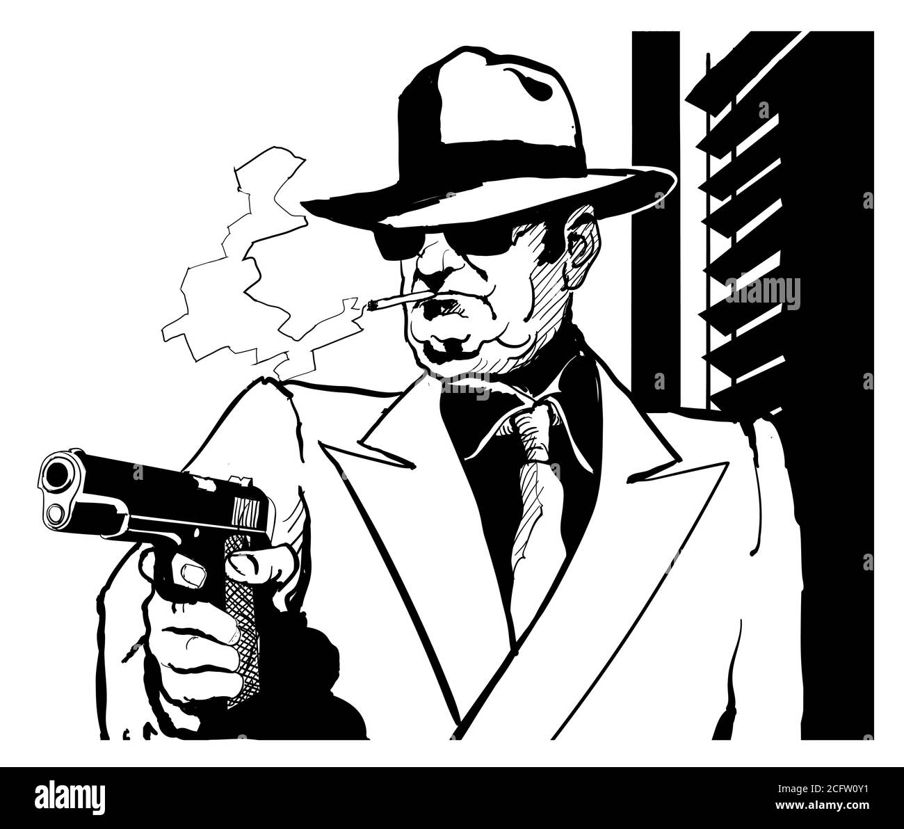 Gangster avec un pistolet dans le style de 1950 film noir et blanc - illustration vectorielle (idéal pour l'impression sur tissu ou papier, poster ou papier peint, huous Illustration de Vecteur