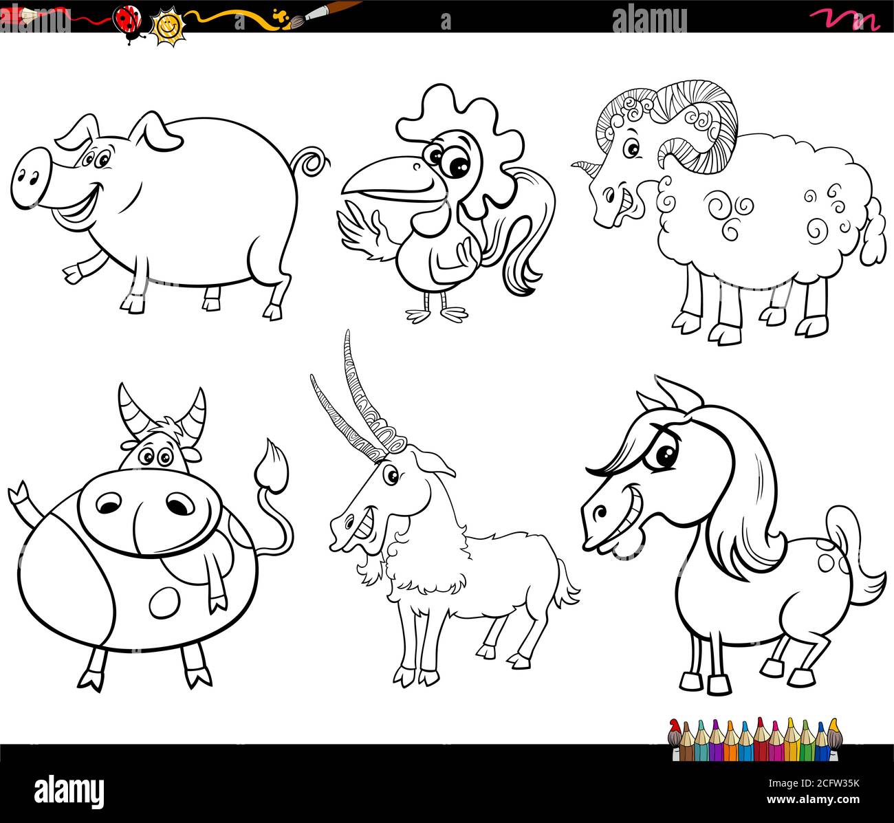 Dessin animé noir et blanc Illustration des personnages Happy Farm Animal Définir la page du livre de coloriage Illustration de Vecteur