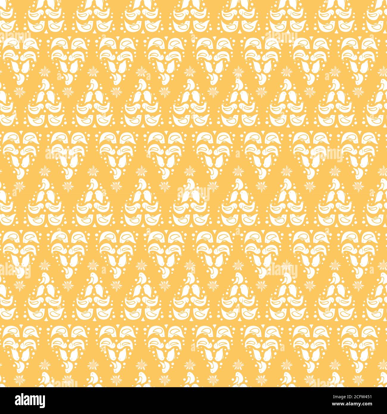Motif vectoriel en zigzag folk art arbre de noël sans coutures. Motif en dentelle avec motif oiseau, étoile et flocons de neige sur fond jaune. Impression sur toute la page. Parfait pour noël et les vacances d'hiver. Illustration de Vecteur