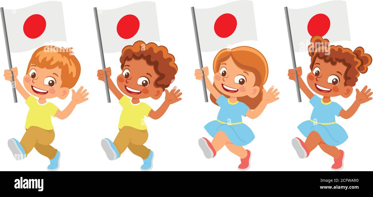 Drapeau japonais en main. Drapeau de retenue des enfants. Drapeau national du Japon vecteur Illustration de Vecteur