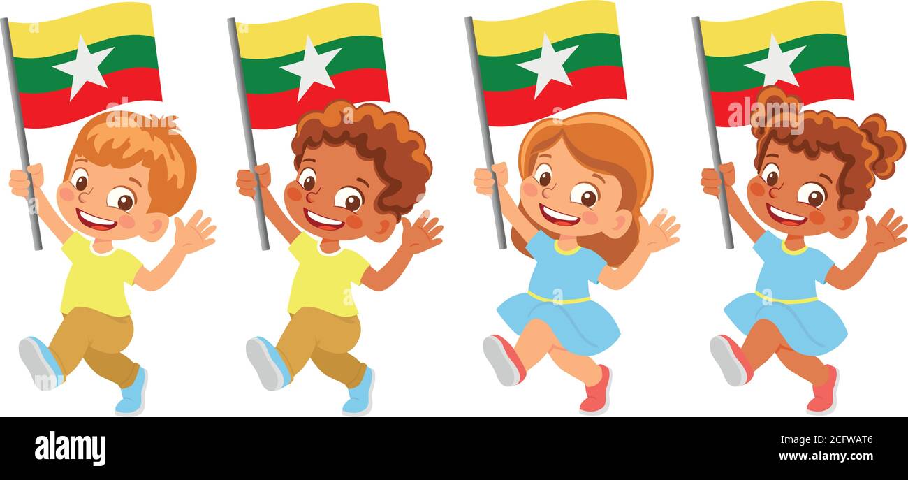 Drapeau du Myanmar en main. Drapeau de retenue des enfants. Drapeau national du Myanmar vecteur Illustration de Vecteur