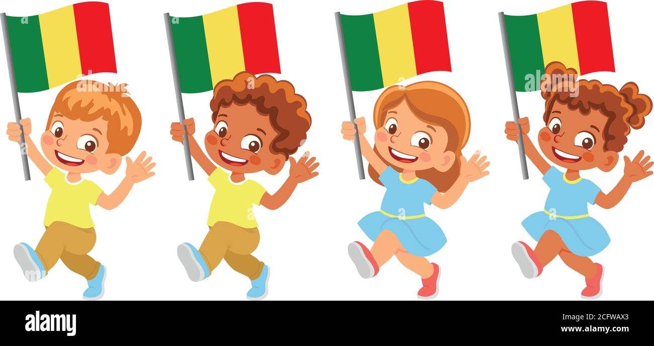 Drapeau du Mali en main. Drapeau de retenue des enfants. Drapeau national du Mali vecteur Illustration de Vecteur