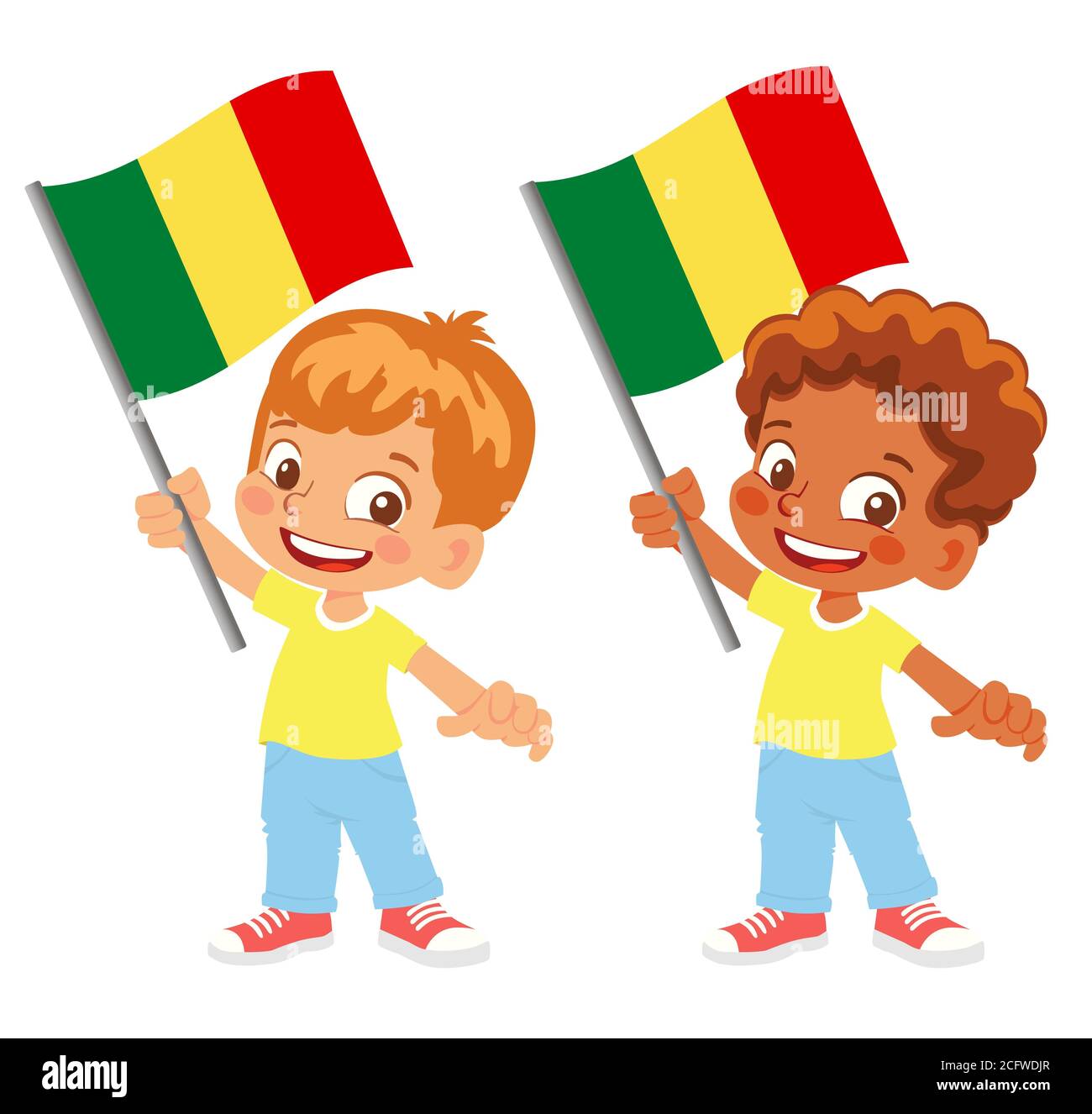 Drapeau du Mali en main. Drapeau de retenue des enfants. Drapeau national du Mali Banque D'Images