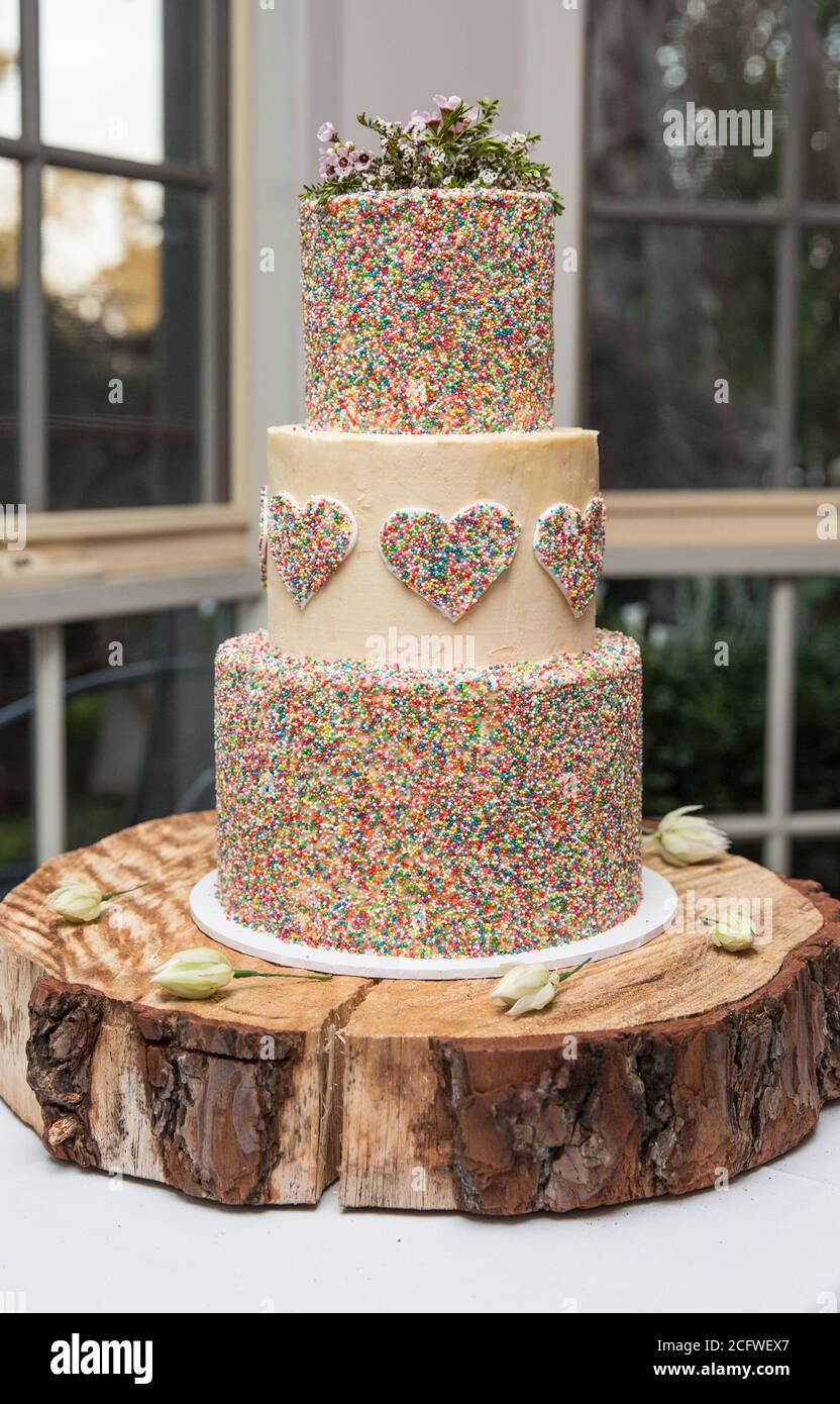 Gâteau de mariage couvert de saupoudres Banque D'Images