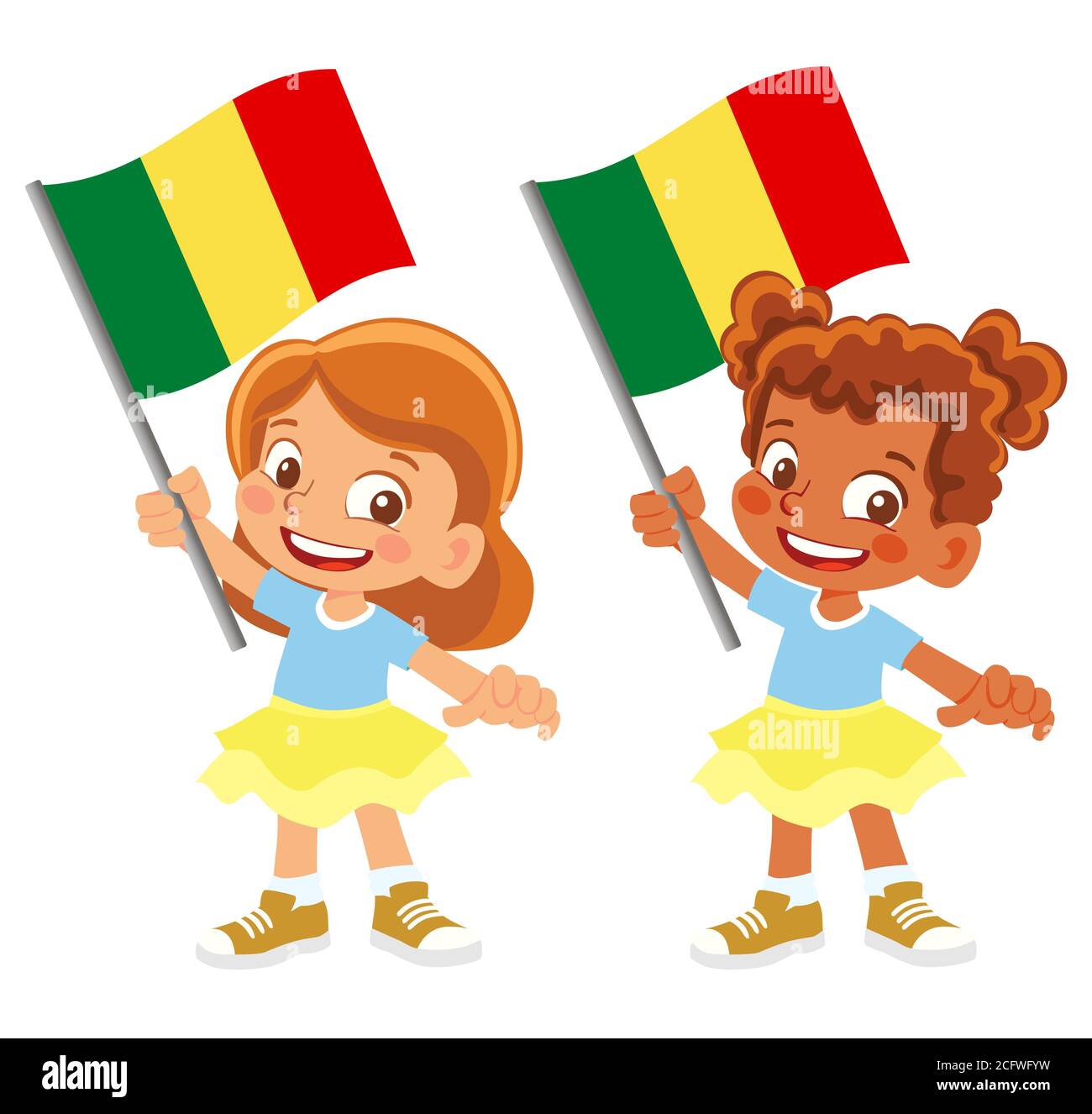 Drapeau du Mali en main. Drapeau de retenue des enfants. Drapeau national du Mali Banque D'Images