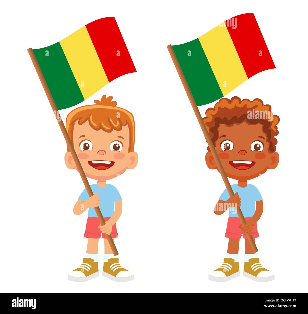 Drapeau du Mali en main. Drapeau de retenue des enfants. Drapeau national du Mali Banque D'Images