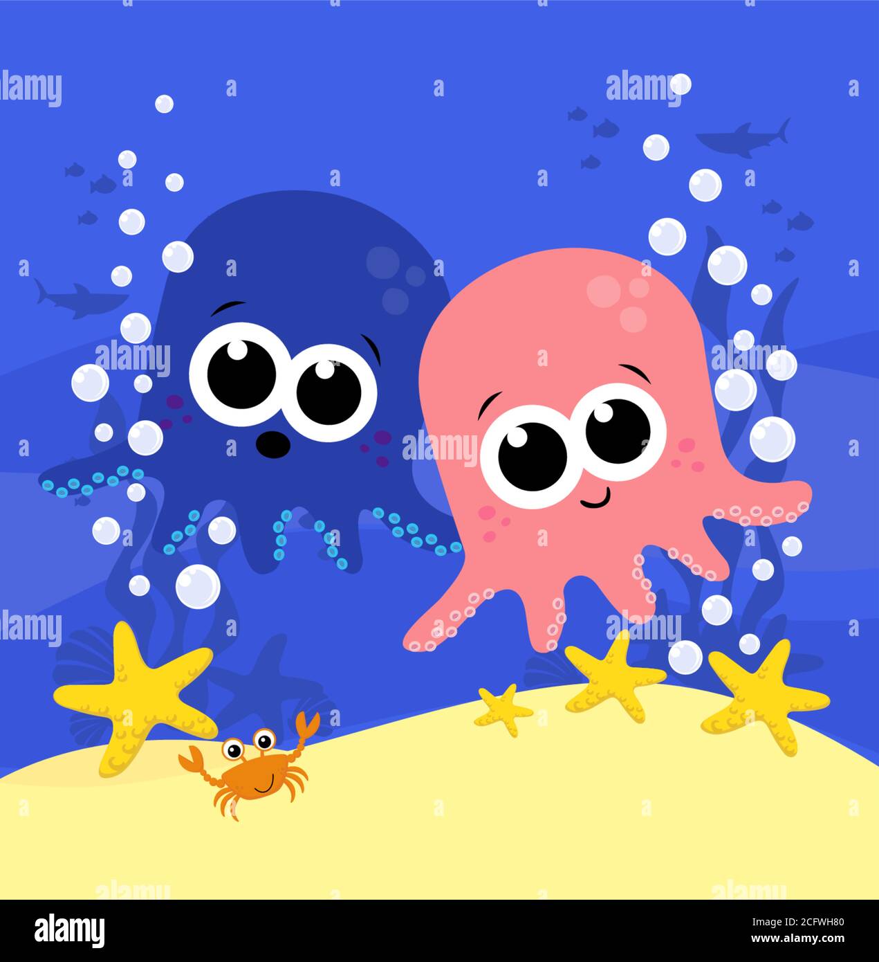 illustration de dessin animé de bébé octopus mignon avec des bulles et sous l'arrière-plan de la mer. Design pour bébé et enfant Illustration de Vecteur