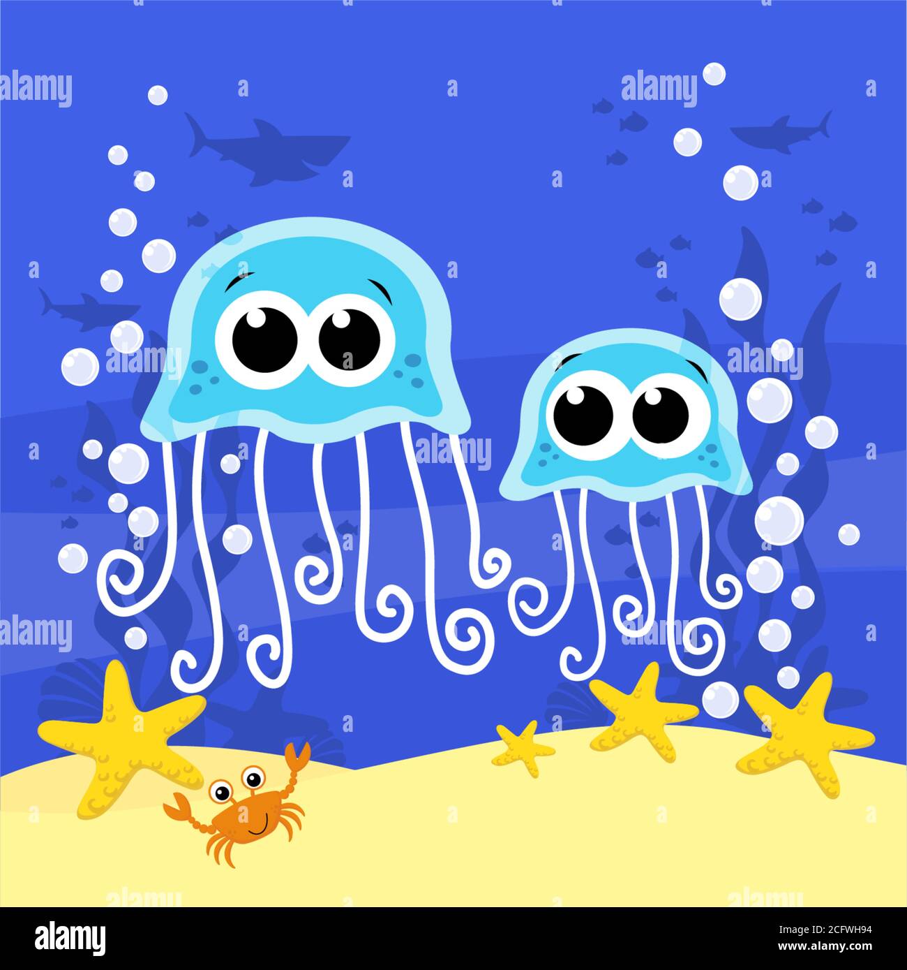 illustration de dessin animé de méduse avec des bulles et sous le fond de la mer. Design pour bébé et enfant Illustration de Vecteur