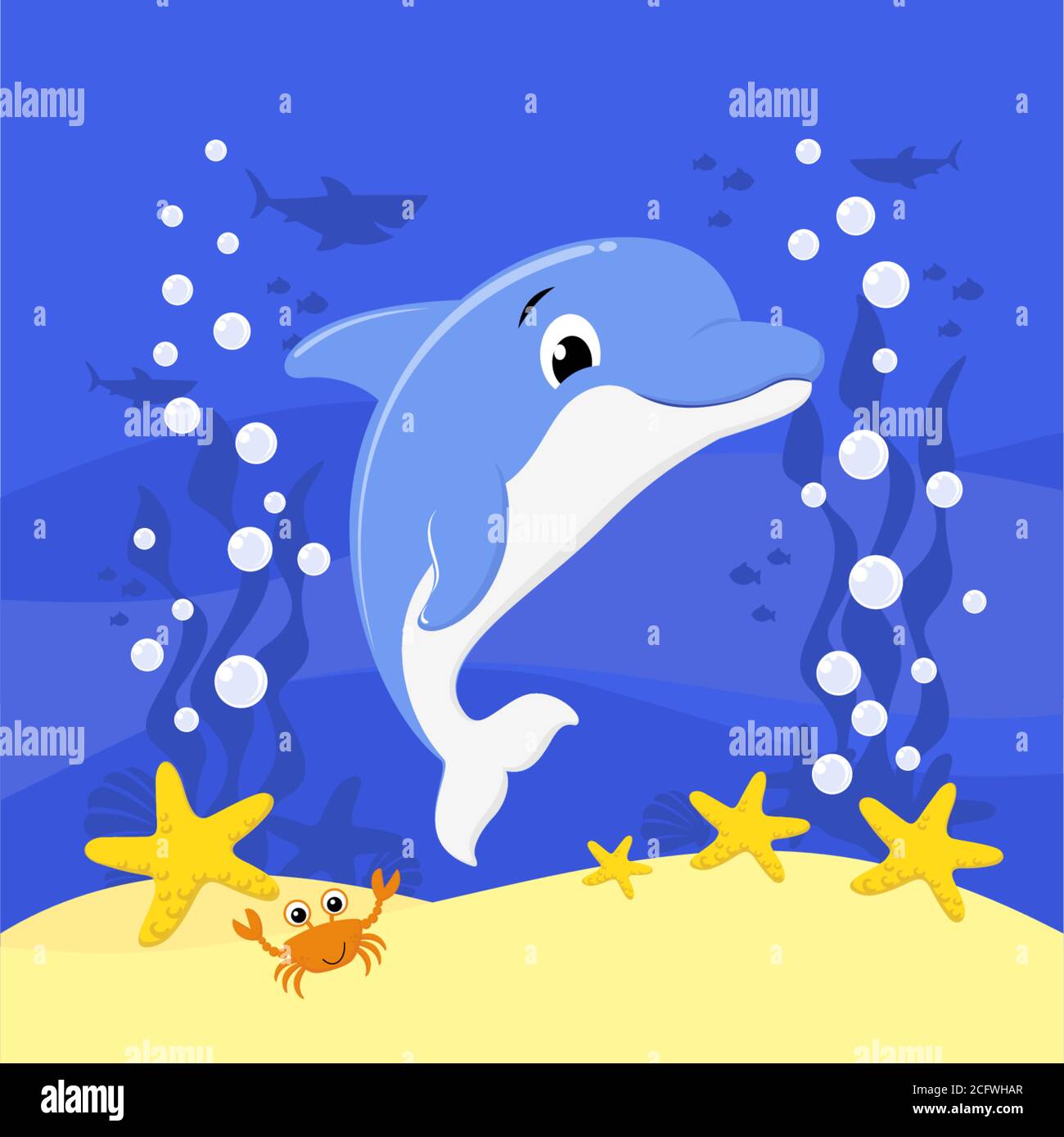 dessin animé de bébé dauphin mignon avec des bulles et sous le fond de la mer. Design pour bébé et enfant Illustration de Vecteur