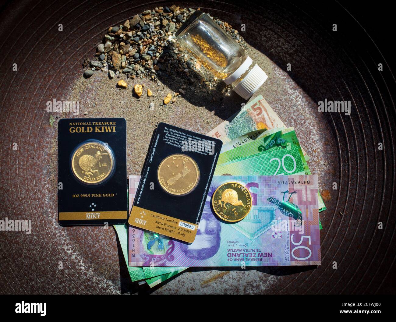 Nouvelle-Zélande 2020: Monnaie; Or; argent; Nuggets. Banque D'Images