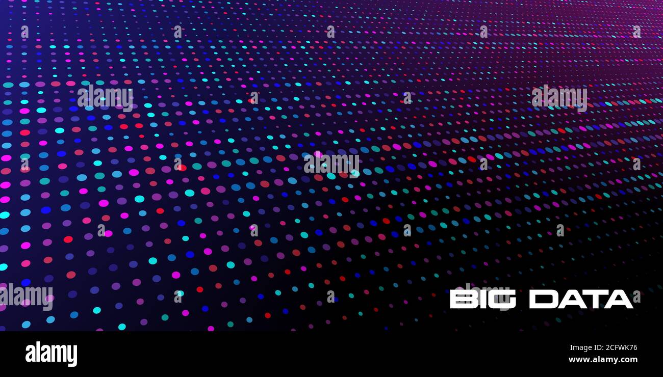 Visualisation des Big Data. Arrière-plan abstrait d'un grand nombre d'unités de données multicolores et de taille aléatoire sur fond sombre avec profondeur de champ DDL Illustration de Vecteur