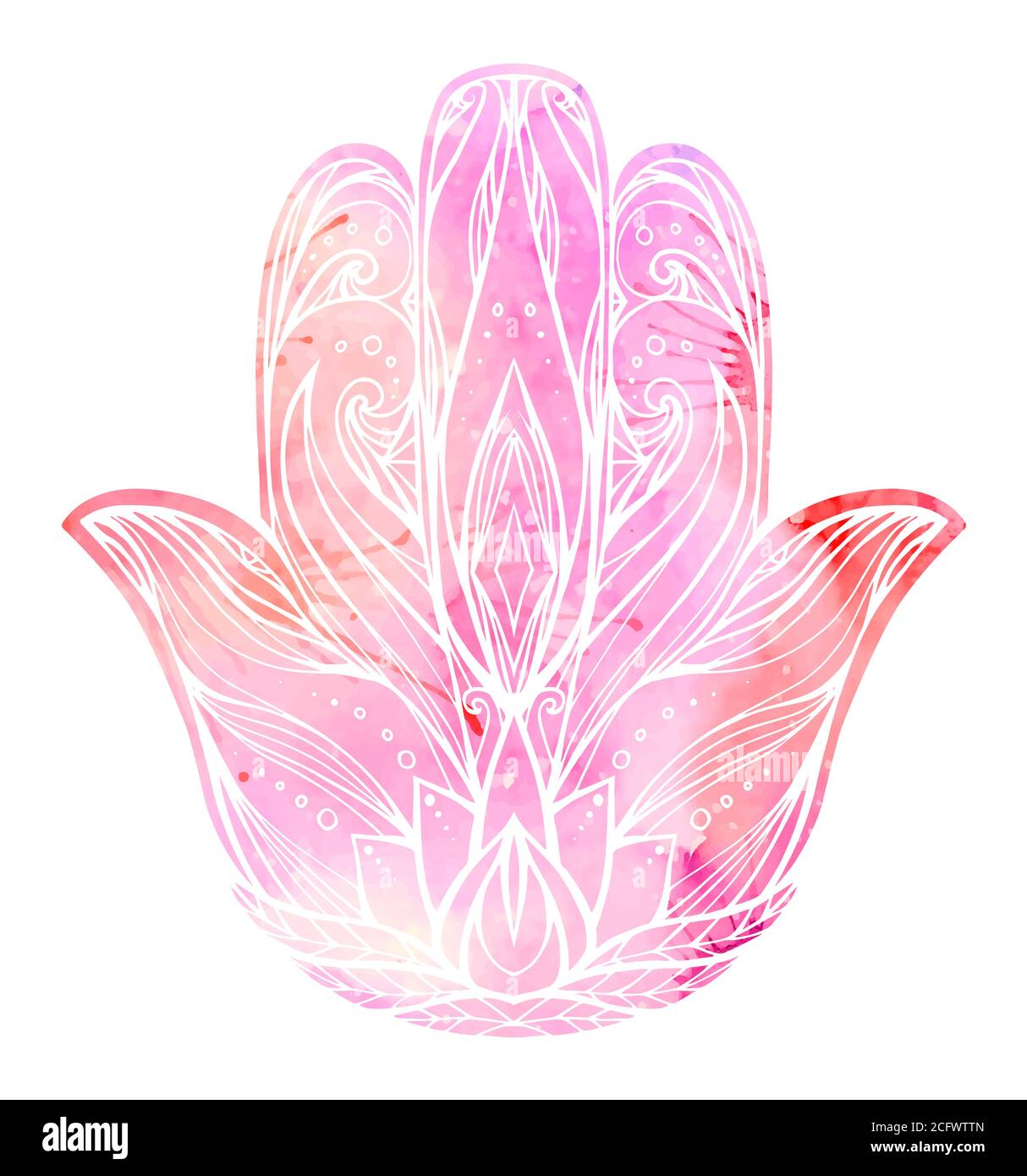 Illustration Hamsa avec motif boho et arrière-plan aquarelle rose. Main de Bouddha. Élément vectoriel pour tatouages, cartes, impression sur T-shirts. Tracery Illustration de Vecteur