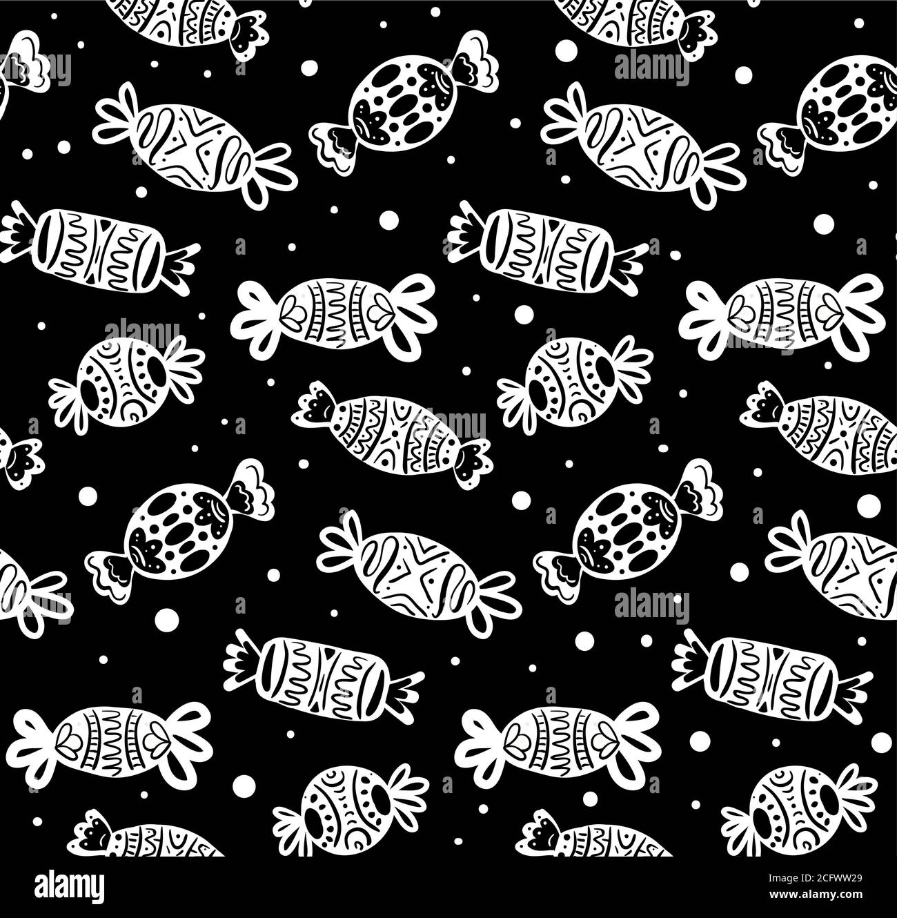 Texture noire et blanche sans couture avec bonbons de fête de dessin animé de formes diverses. Motif vectoriel pour votre créativité Illustration de Vecteur