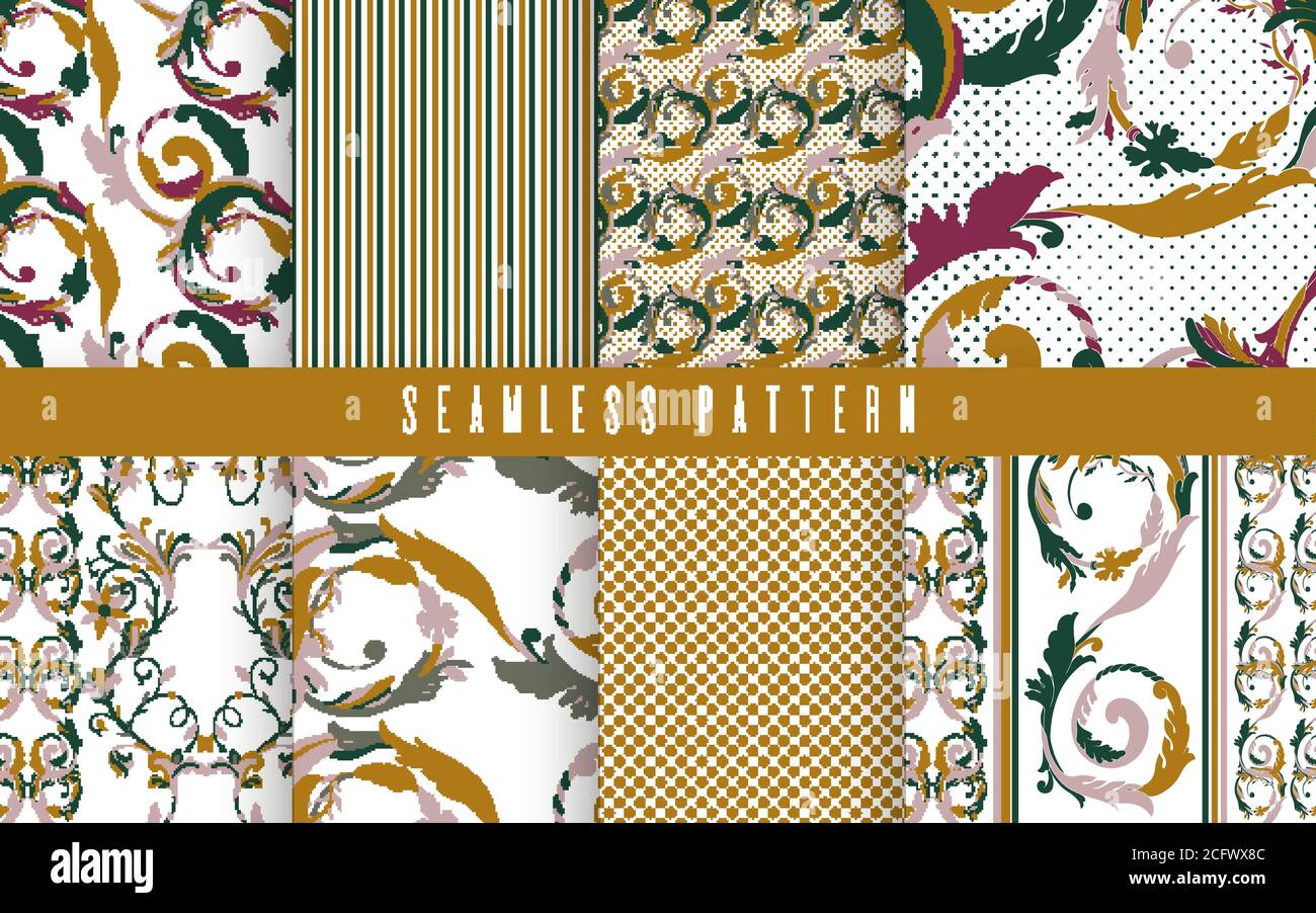 Petit ensemble de motifs naturels abstraits sans coutures. Décoration ethnique, imprimé floral, tissu textile, botanique. Illustration de Vecteur