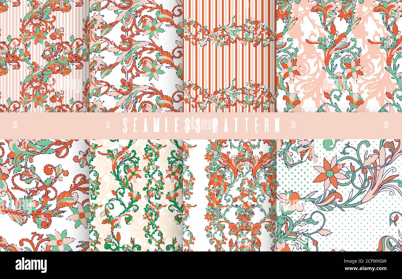 Petit ensemble de motifs naturels abstraits sans coutures. Décoration ethnique, imprimé floral, tissu textile, botanique. Illustration de Vecteur