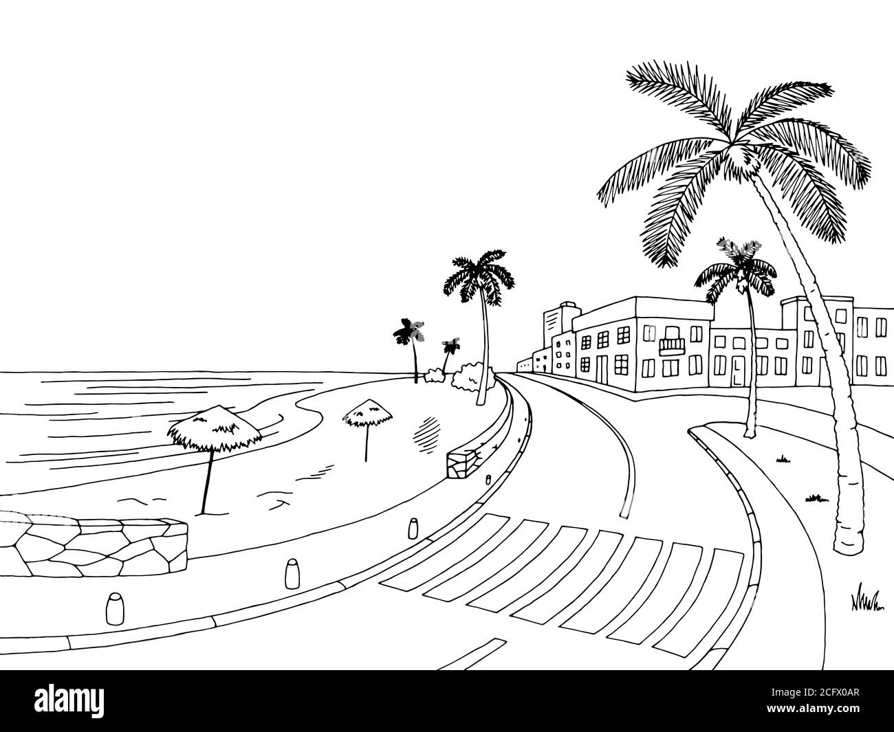 Street Road Palm Tree graphique noir blanc paysage dessin illustration vecteur Illustration de Vecteur
