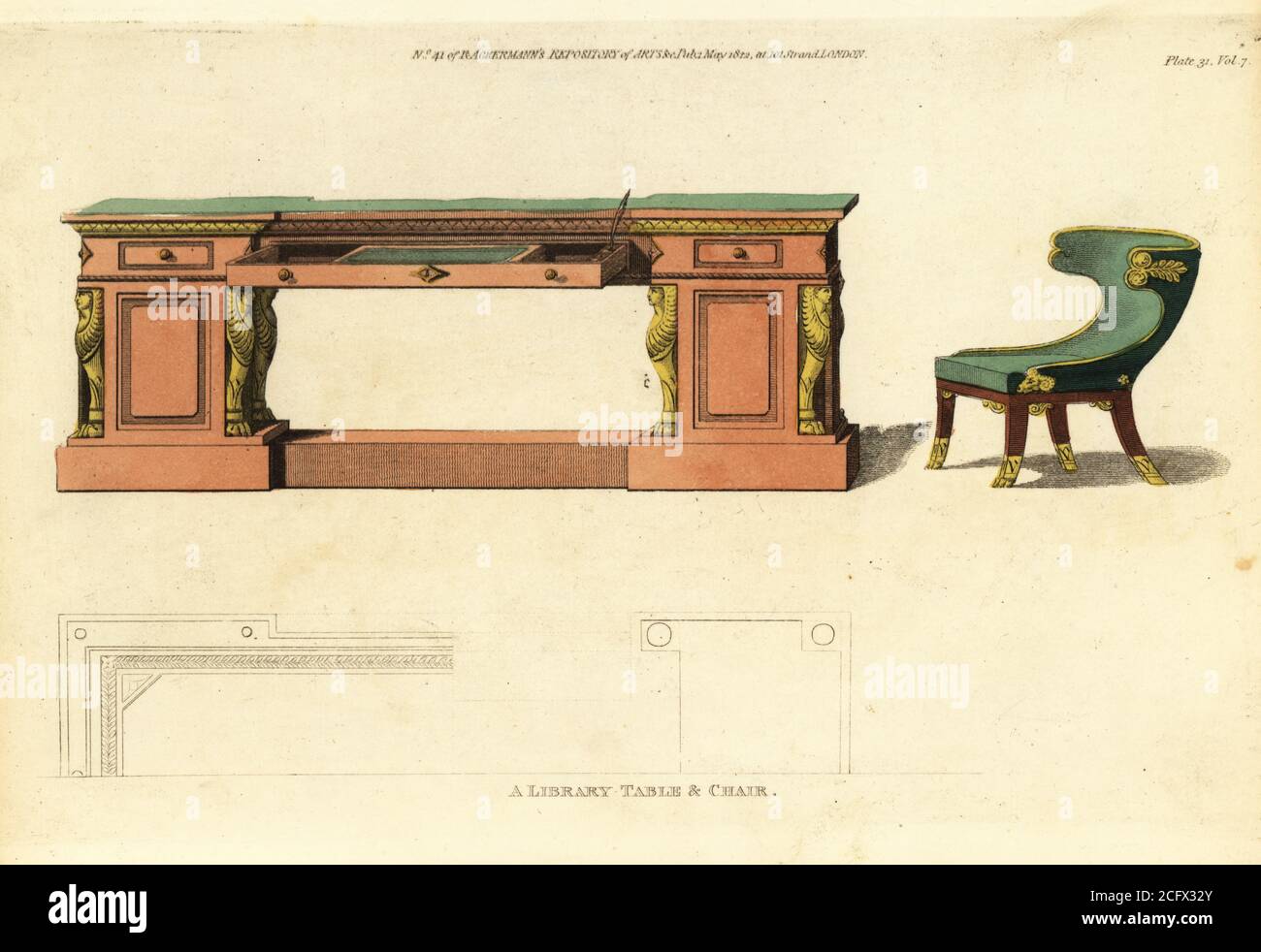 Une table et une chaise de bibliothèque, 1812. Table avec tiroirs, placards et un bureau coulissant, orné de figures ormolu sculptées, le dessus recouvert de cuir vert marocain, avec chaise assortie. Gravure en plaques de coperplate de couleur main provenant du dépôt de tapisseries et de tapisseries de l'ameublement, composée de soixante-dix-six dessins de meubles modernes et à la mode, Rudolph Ackermann, Londres, 1830. Banque D'Images