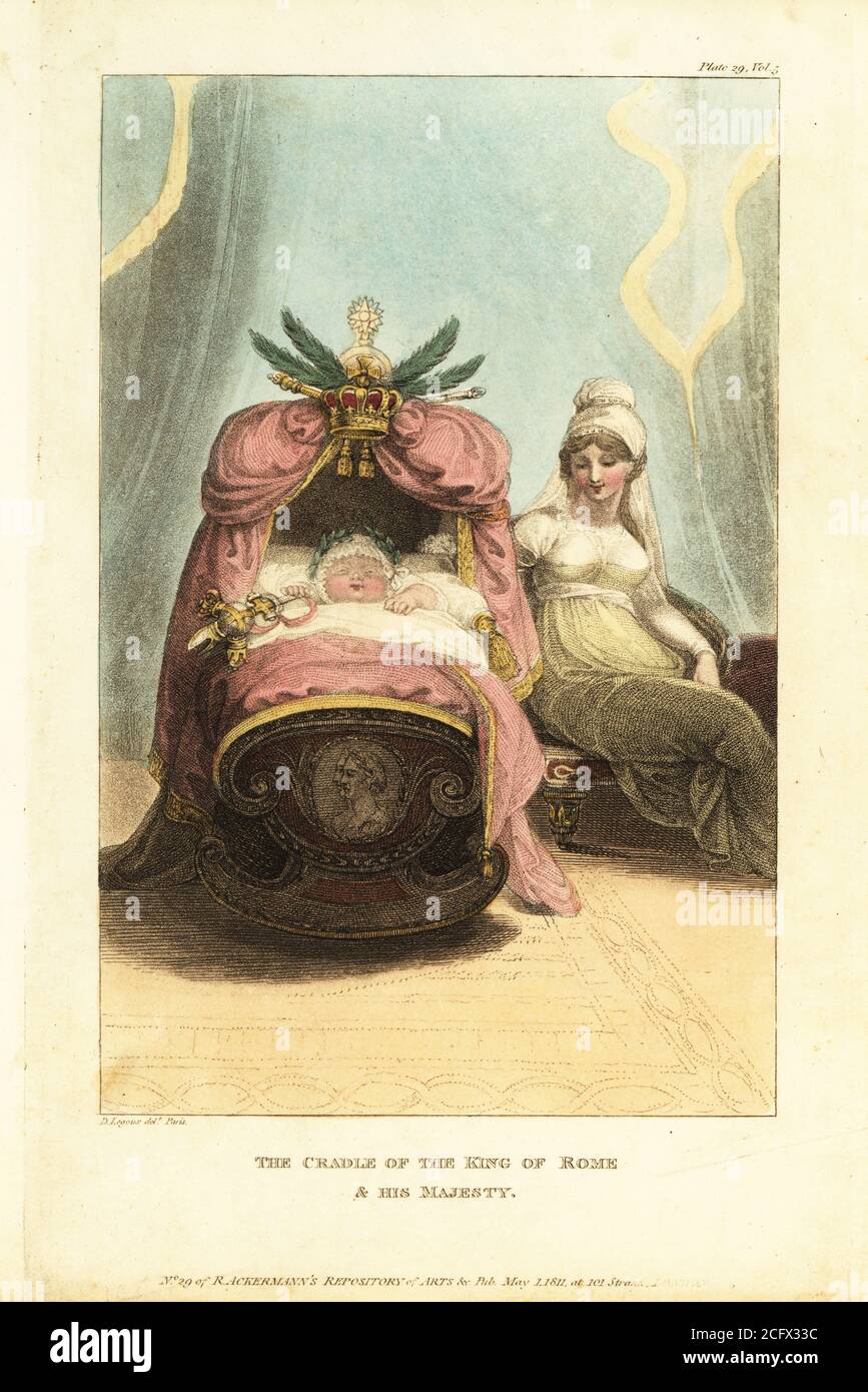 Napoléon II s'est endormi dans son berceau avec sa mère Marie Louise d'Autriche à ses côtés, 1811. Le berceau sur une base à bascule avec décoration dorée, drapery, couronne et feuilles de palmier. Effigies de Napoléon et Marie Louise à la fin le berceau du roi de Rome et sa Majesté. Gravure en plaques de coperplate de couleur main par D. Legoux du répertoire des tapissiers et des cabinets composés de soixante-dix-six dessins de meubles modernes et à la mode, Rudolph Ackermann, Londres, 1830. Banque D'Images