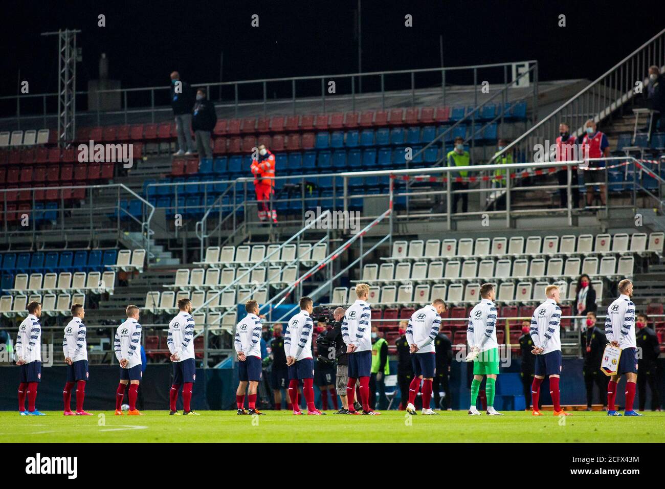 Olomouc, République tchèque. 7 septembre 2020. L'équipe nationale tchèque se présente devant une tribune vide dans le groupe B2 de l'UEFA Nations League Match Tchèque contre Ecosse, à Olomouc, République Tchèque, le lundi 7 septembre 2020. Crédit: Jaroslav Svoboda/CTK photo/Alamy Live News Banque D'Images