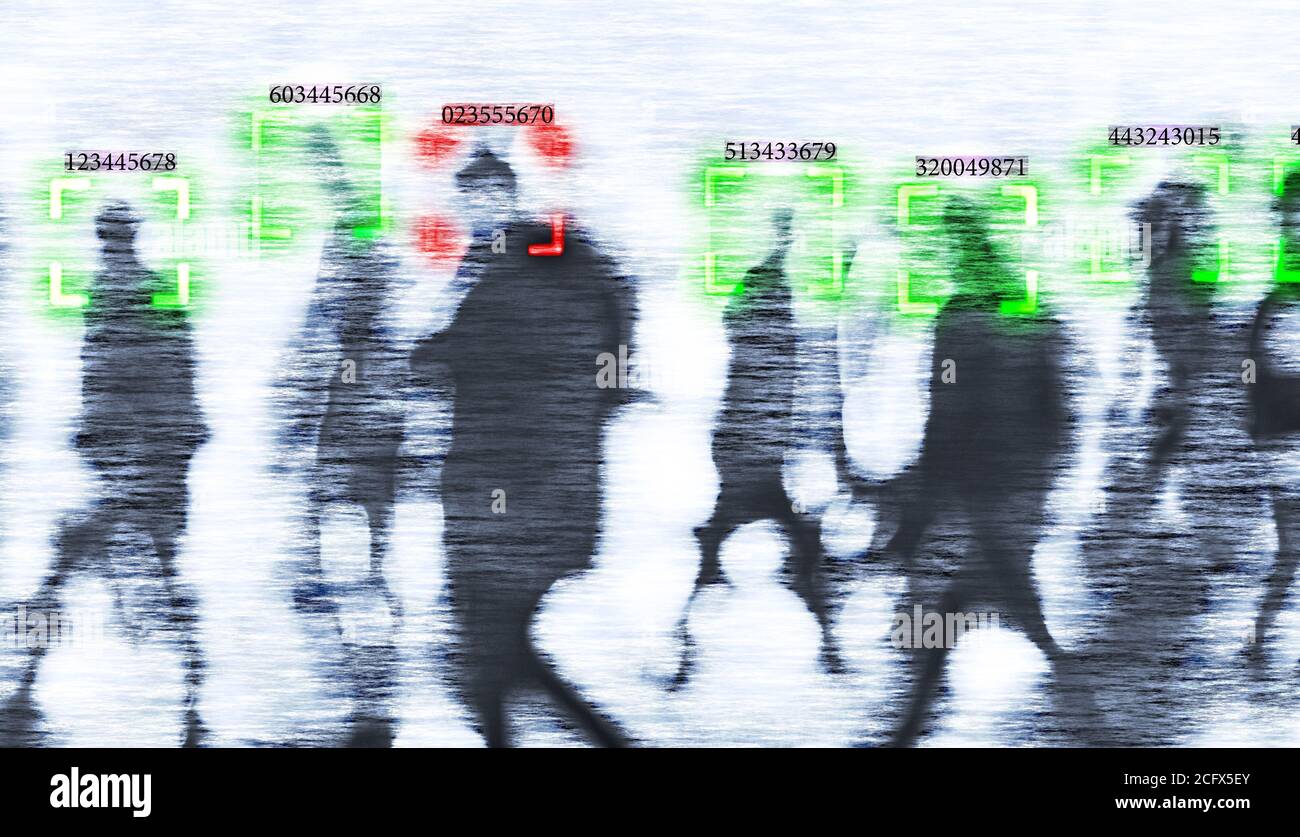 La technologie de reconnaissance des visages concept illustration du big data et de la sécurité en ville avec foule Banque D'Images