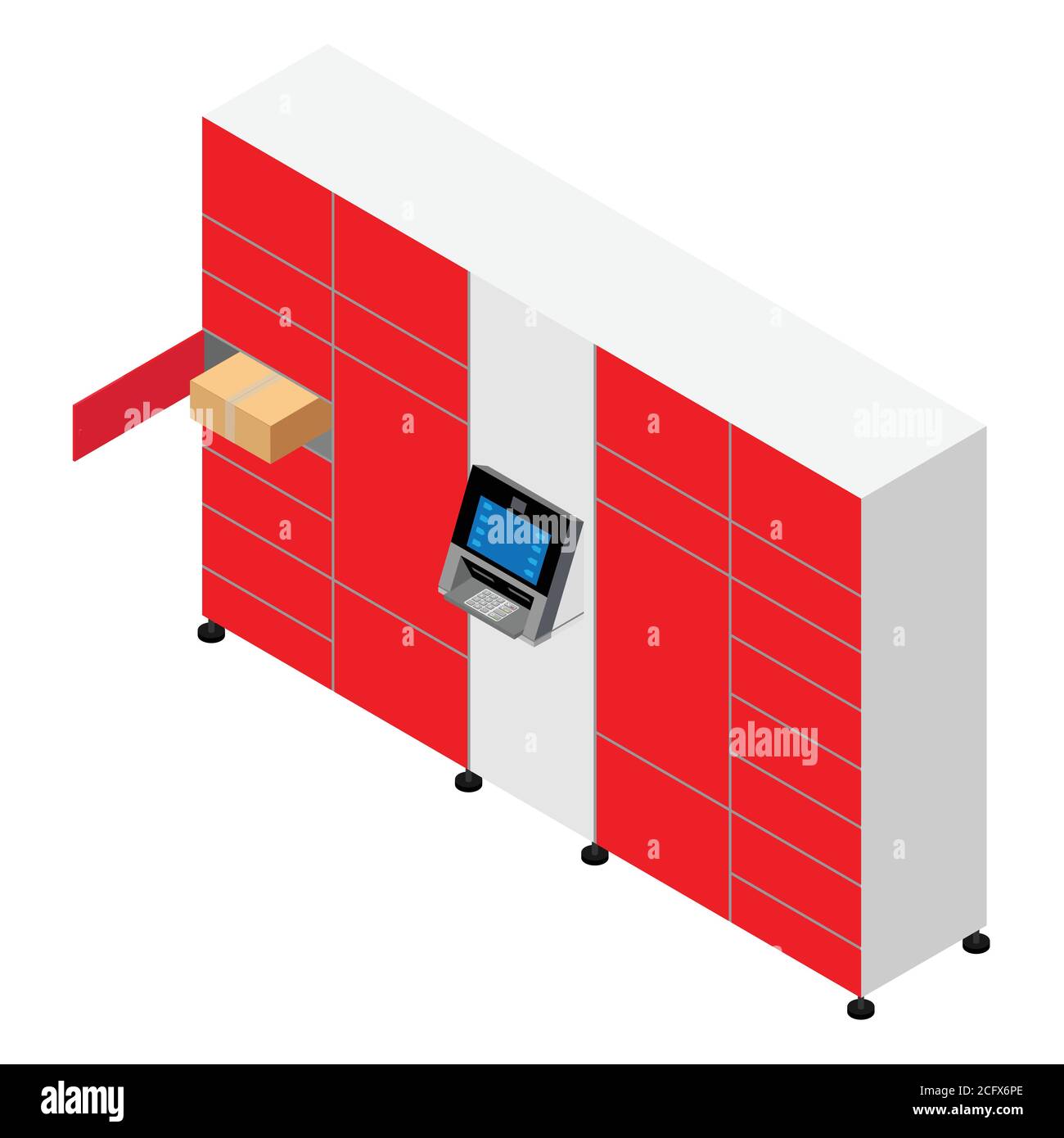 Le client utilise un terminal de poste automatisé en libre-service ou un casier pour déposer un colis à des fins d'entreposage. Station de livraison de colis Illustration de Vecteur