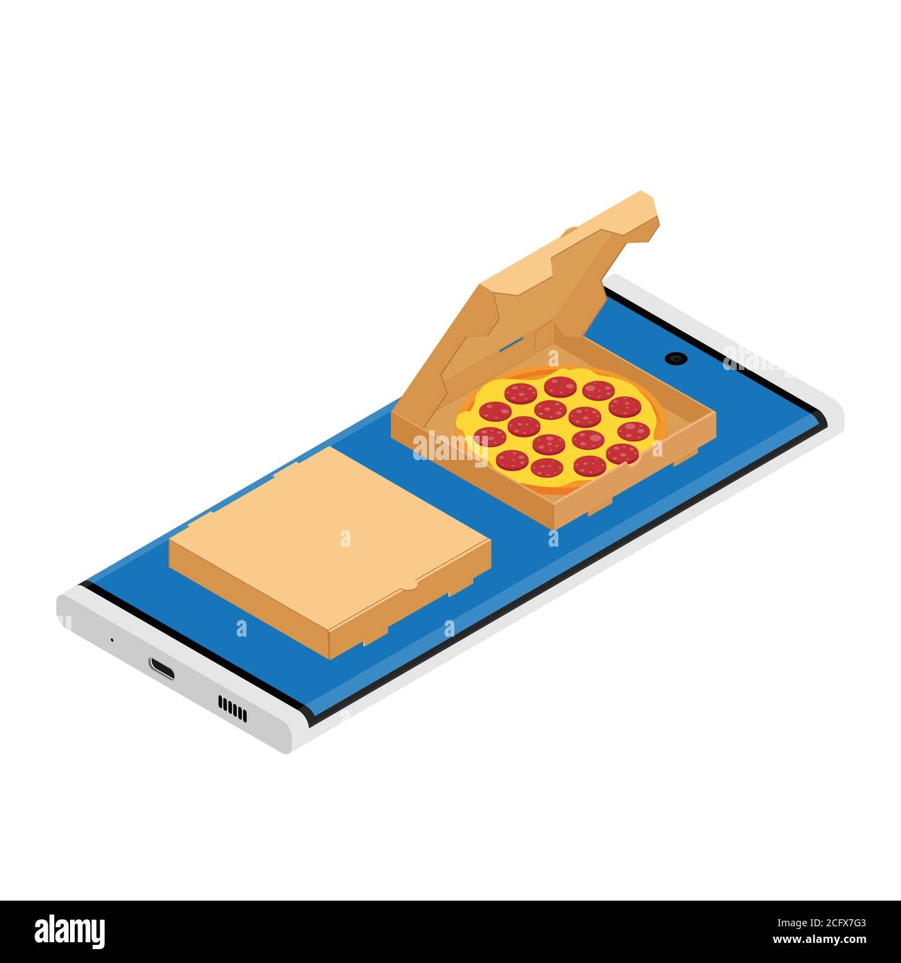 Pizza de salami dans une boîte en carton pour les restaurants ou la livraison de pizzerias. Délicieux goût pizza avec fromage et salami. Service de livraison en ligne. Boutique en ligne Illustration de Vecteur