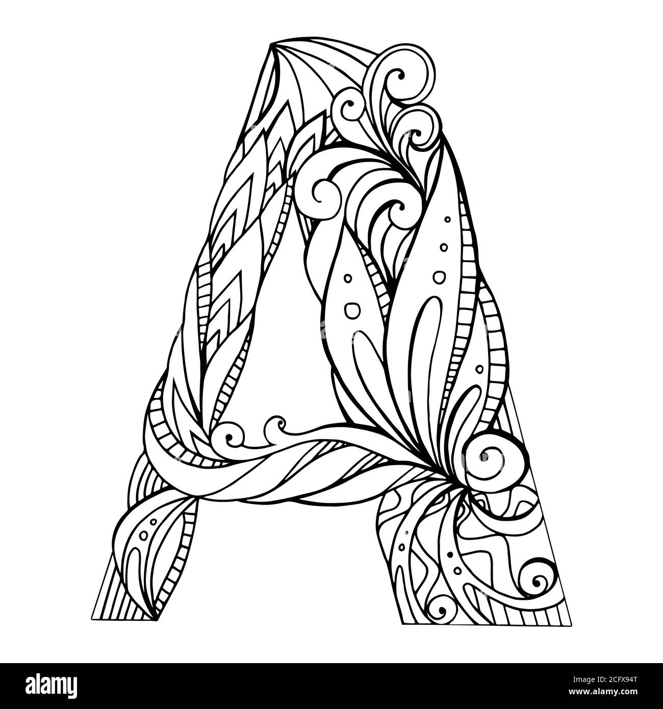 Dessin à main levée noir et blanc lettre majuscule A avec motif de caniche floral. Elément vectoriel pour votre conception Illustration de Vecteur