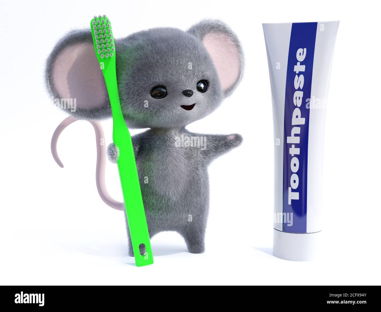 Rendu 3D d'une adorable souris à fourrure kawaii souriante tenant une brosse à dents verte très grande, regardant un tube de dentifrice géant. Prêt à brosser son tee Banque D'Images