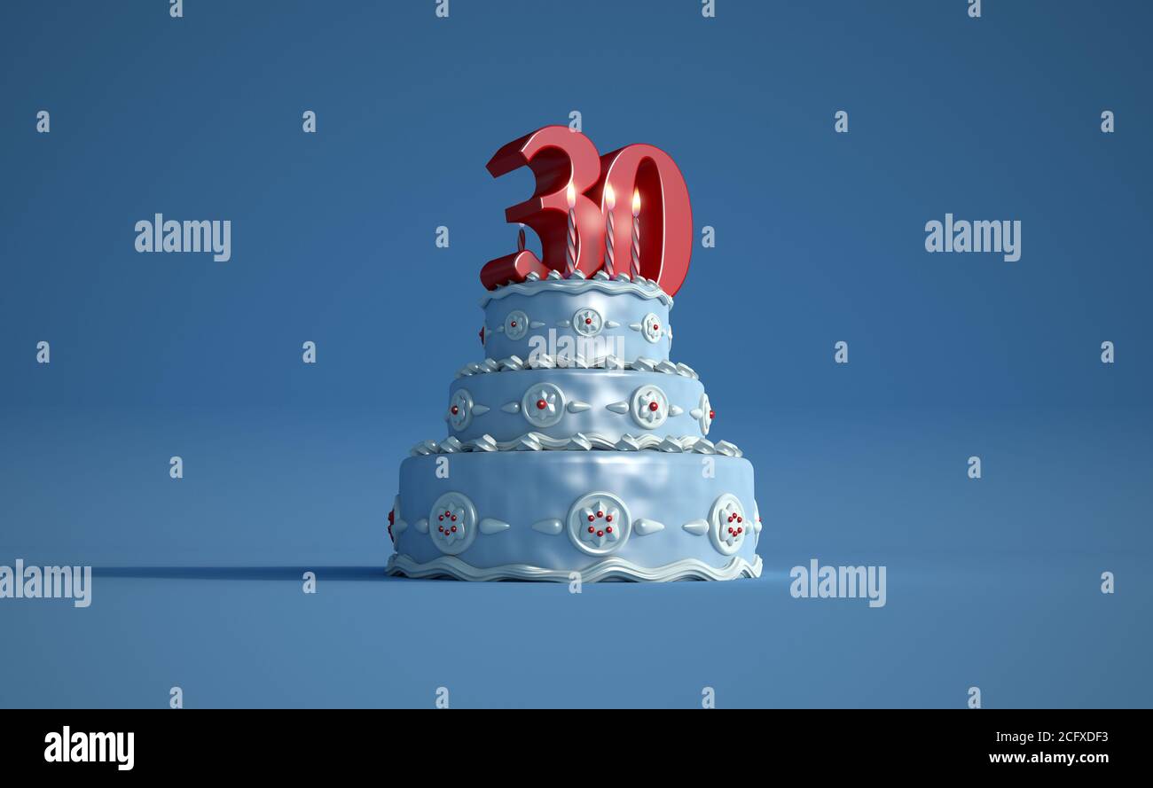 Rendu 3d D Un Grand Gateau D Anniversaire Bleu Avec Un Grand Numero Trente En Haut Photo Stock Alamy