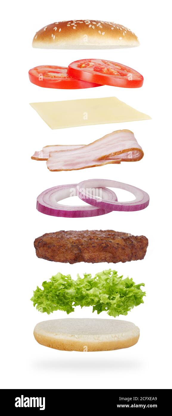 Ingrédients de Burger isolés sur blanc Banque D'Images