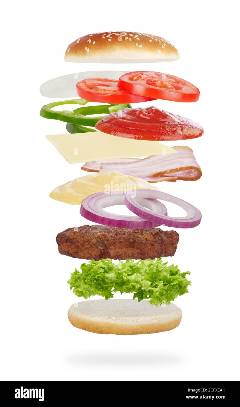 Ingrédients de Burger isolés sur blanc Banque D'Images