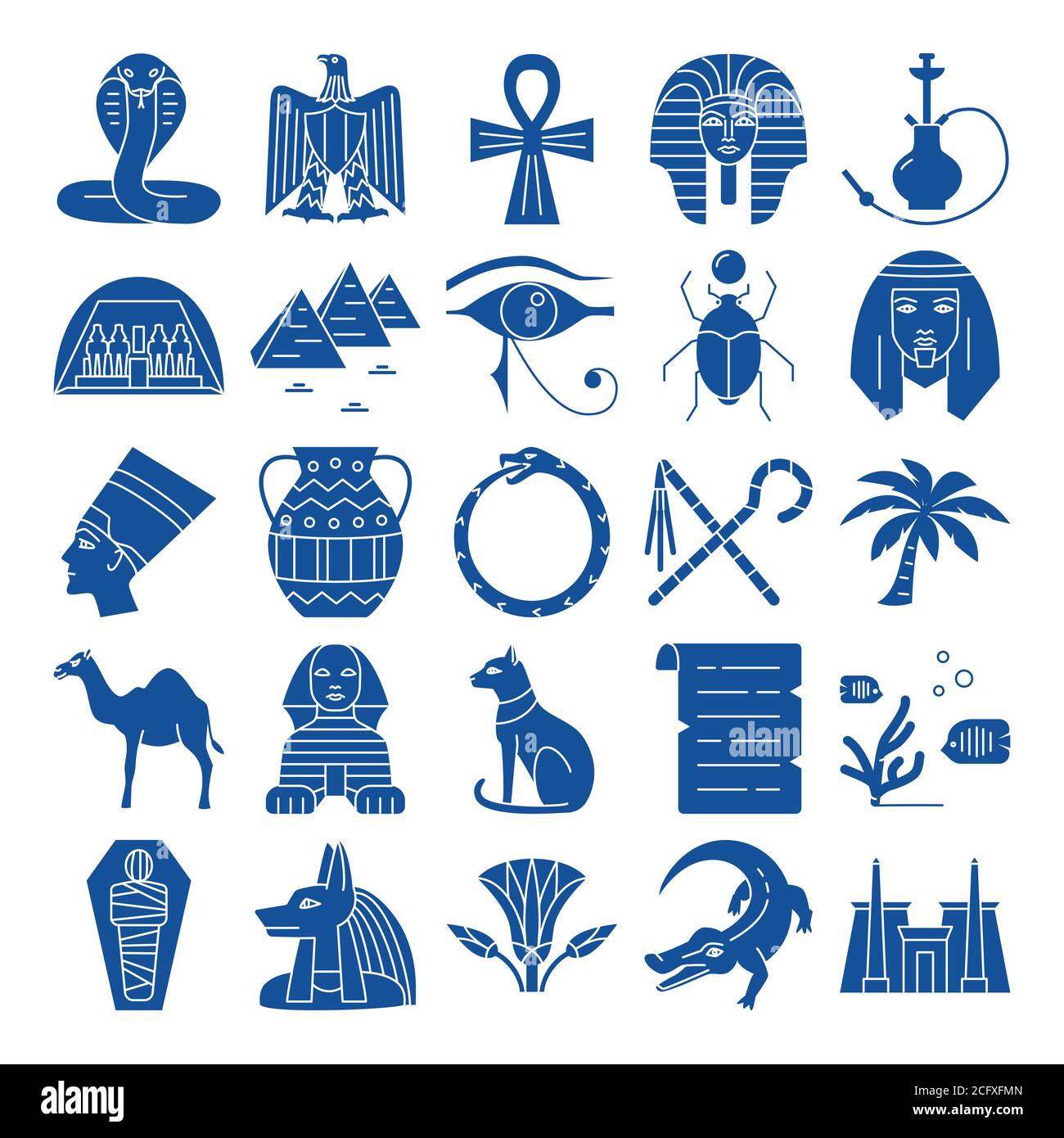 Les icônes de la silhouette égyptienne se définissent dans un style plat. Symboles traditionnels, dont pharaon, pyramides, sphinx. Illustration vectorielle. Illustration de Vecteur