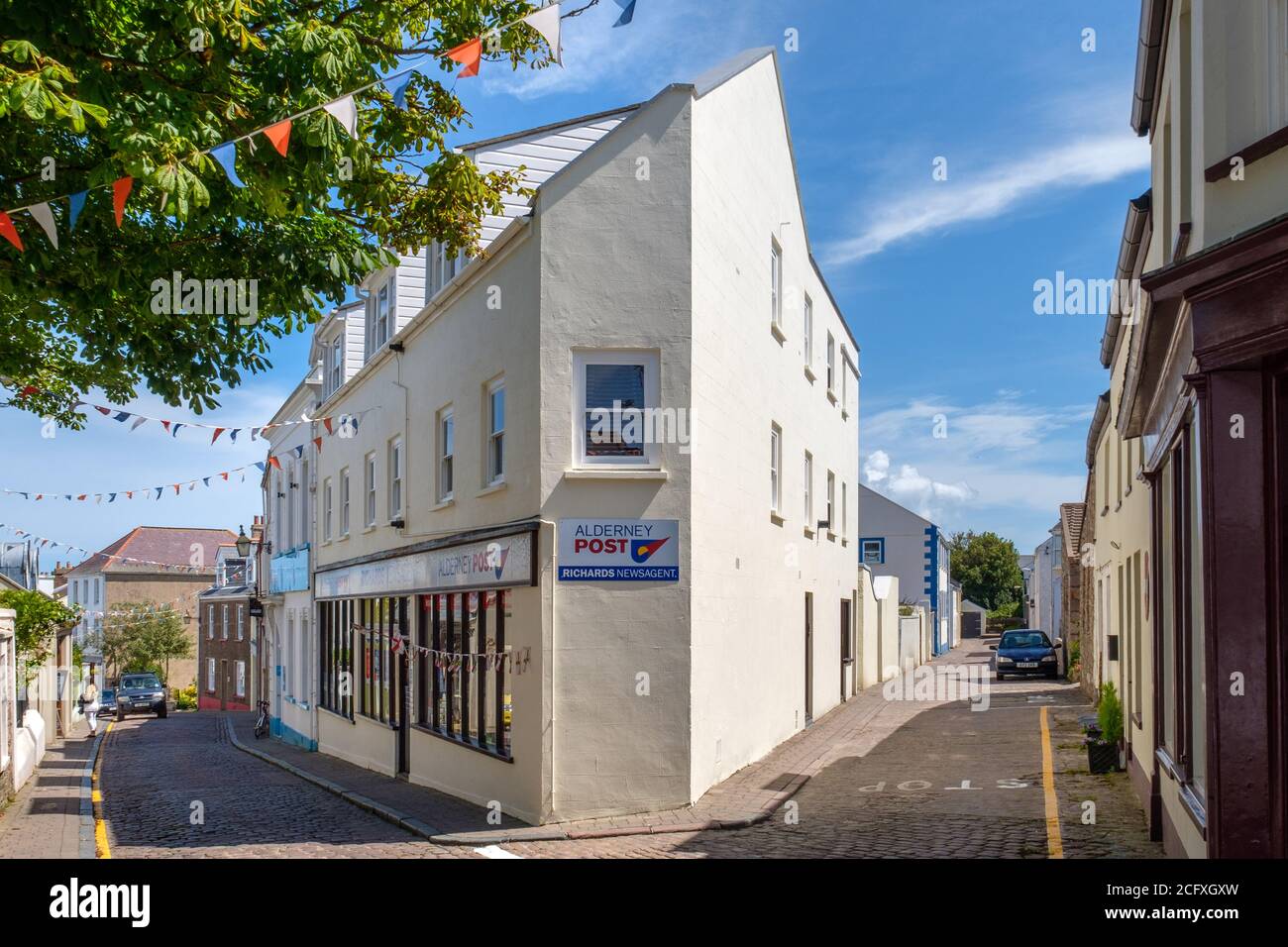 St Anne, Alderney; jonction de la rue Victoria avec la rue Olivier Banque D'Images